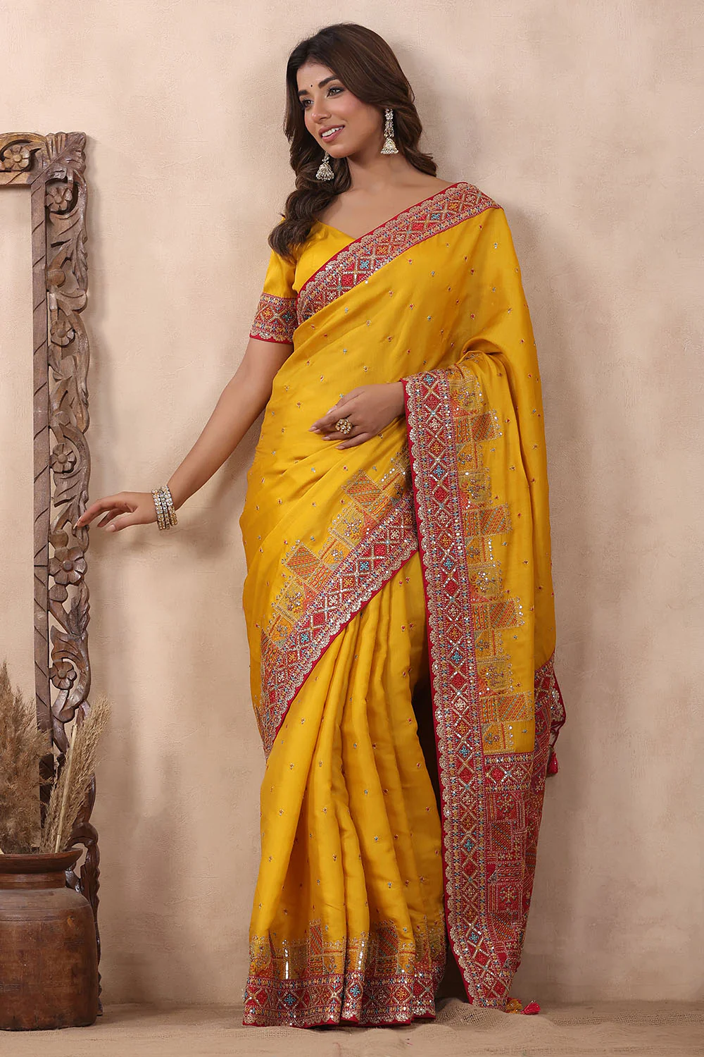 Mustard Color Embroidery Silk Saree - Image 3