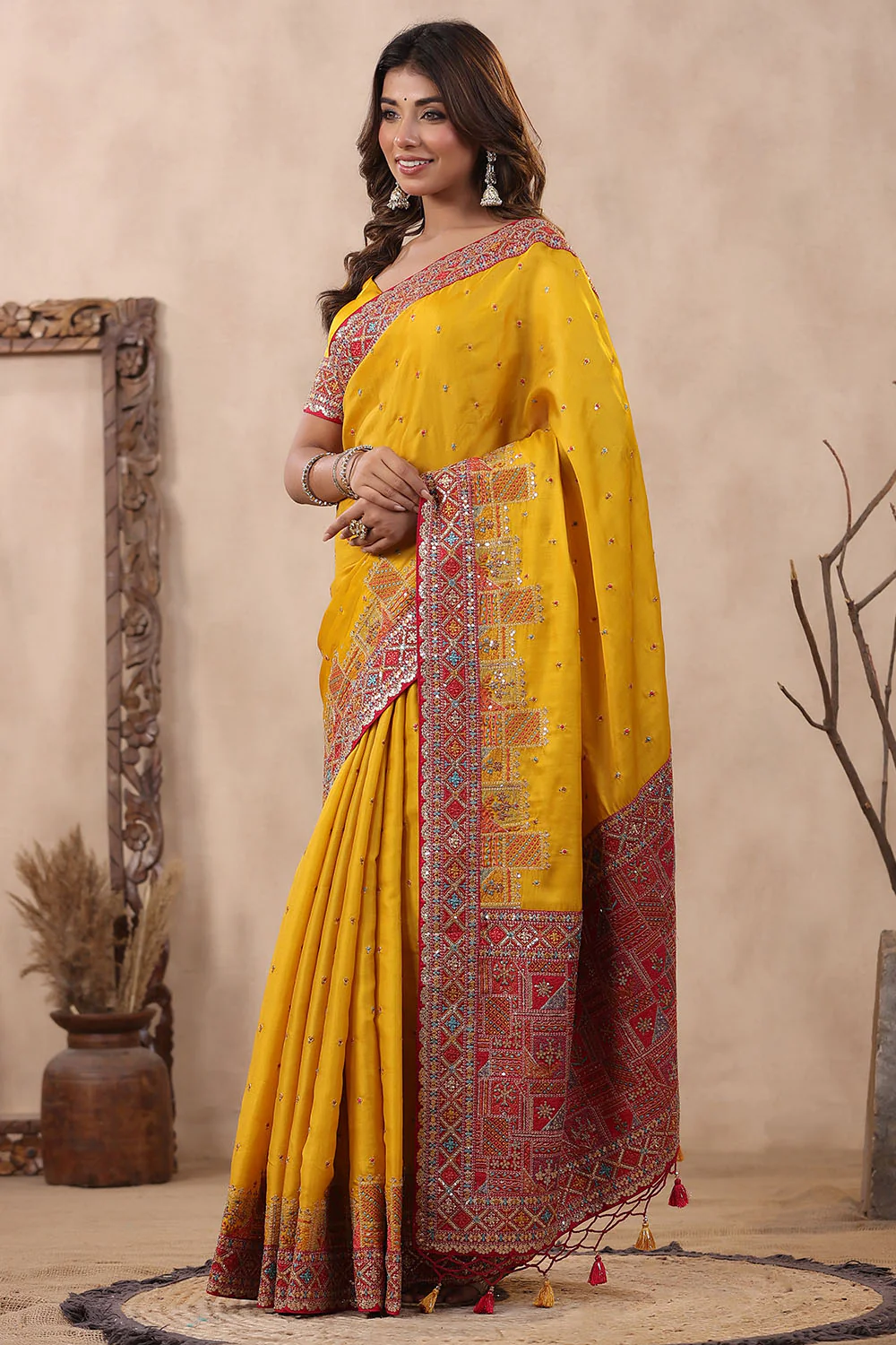 Mustard Color Embroidery Silk Saree - Image 6