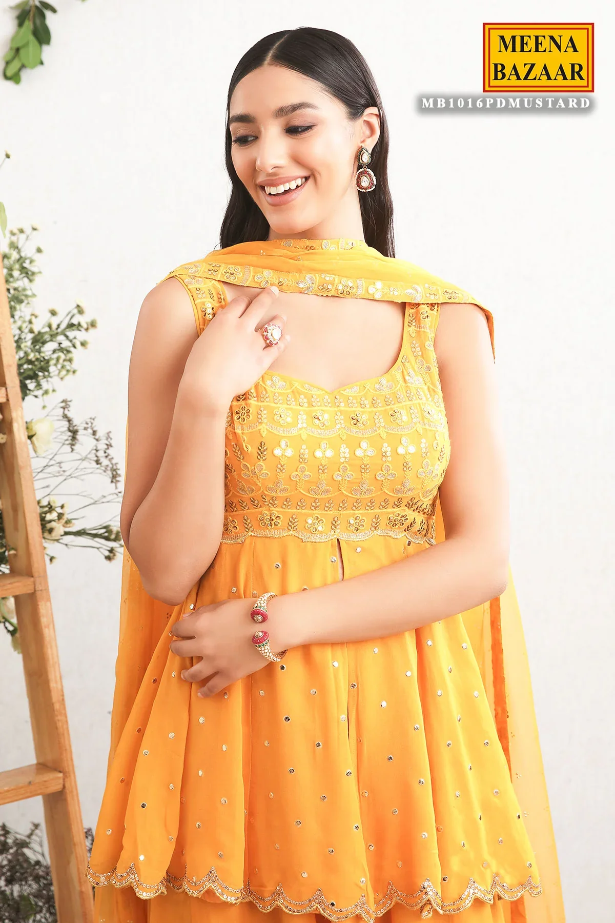 Mustard Color Georgette Embroidered Suit with Sharara - Image 2