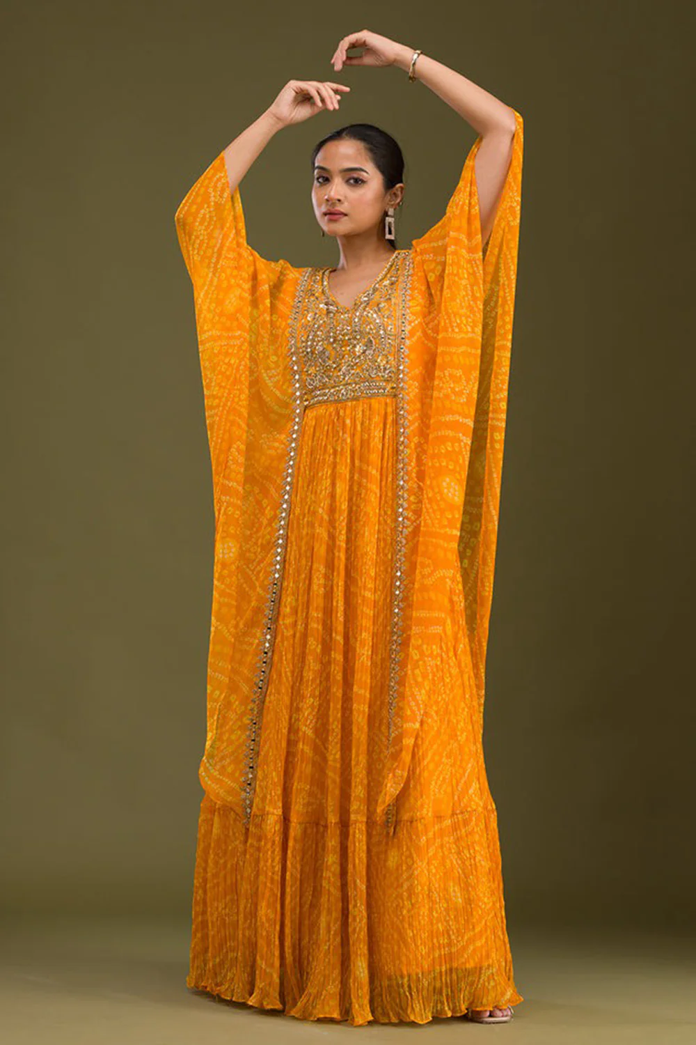 Mustard Color Georgette Fabric Neck Embroidered & Bandhani Printed Anarkali KurtI - Image 3