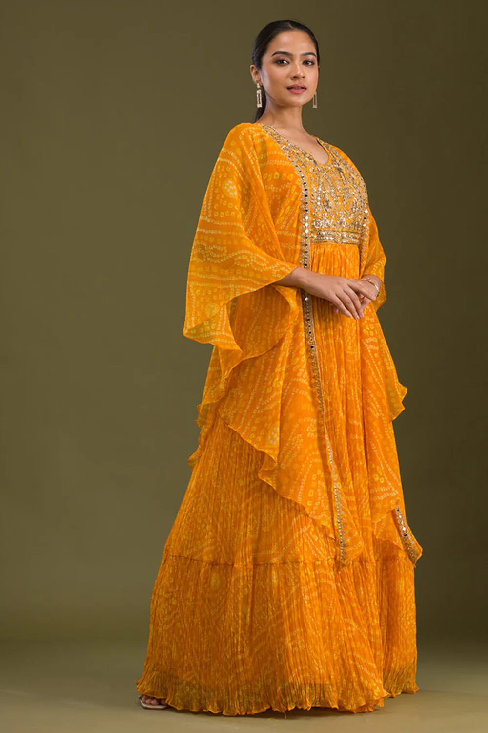 Mustard Color Georgette Fabric Neck Embroidered & Bandhani Printed Anarkali KurtI - Image 4