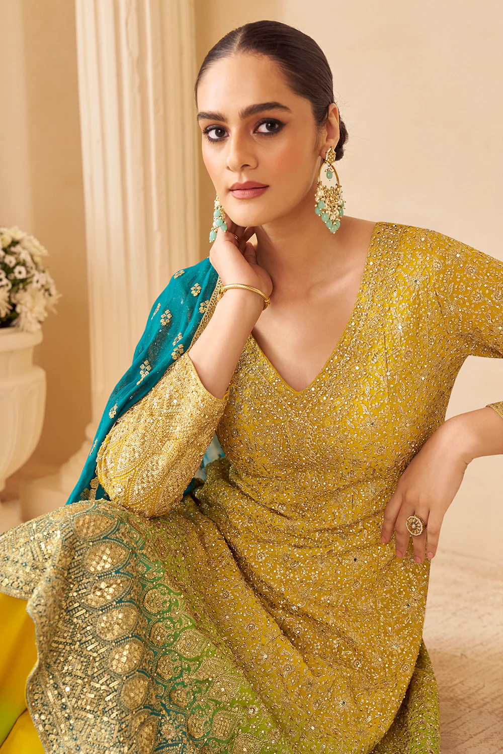 Mustard Georgette Zari And Sequins Embroidered Suit With Embroidered Palazzo - Image 2