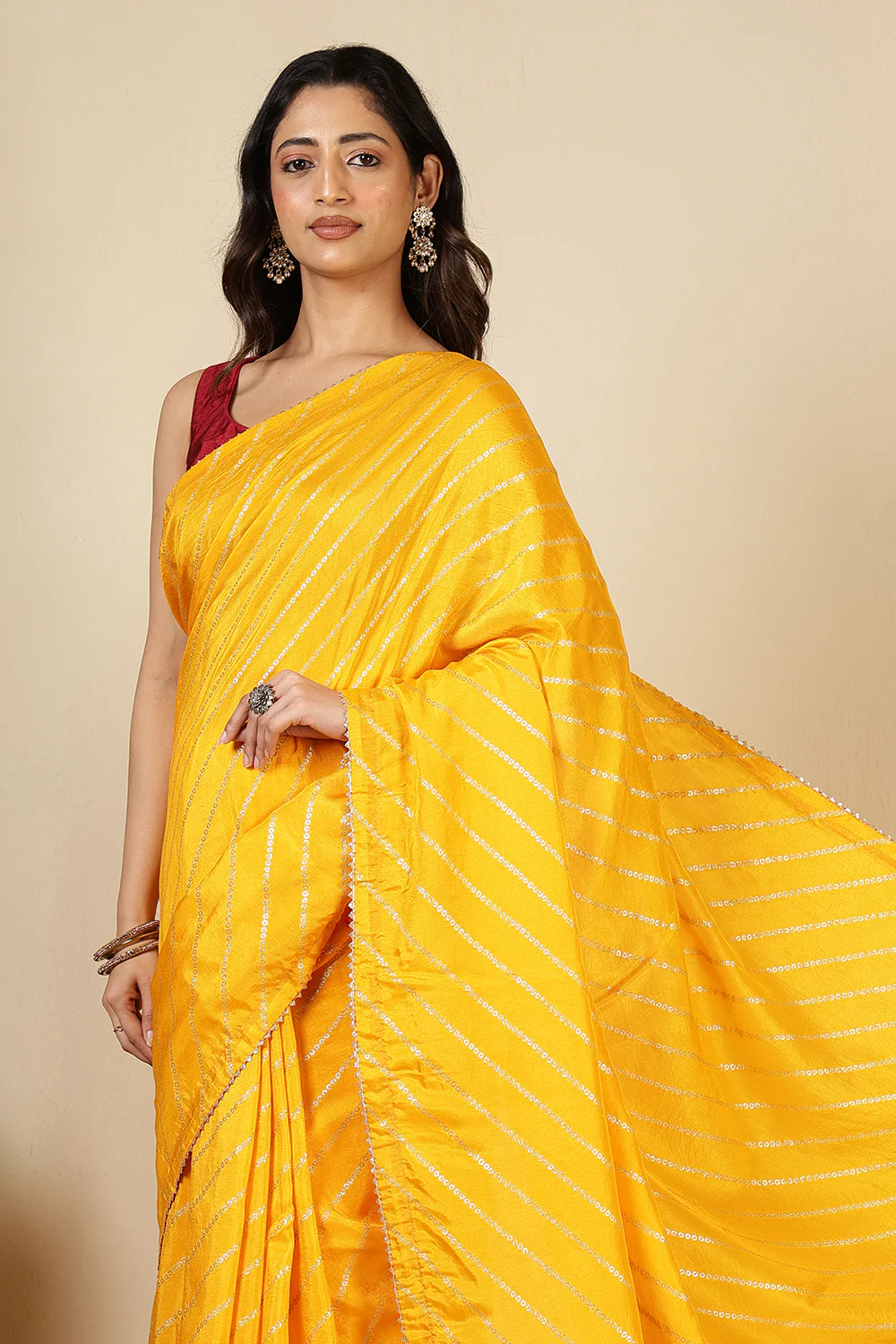 Mustard Modal Silk Saree with Zari Pinstripes - Image 3