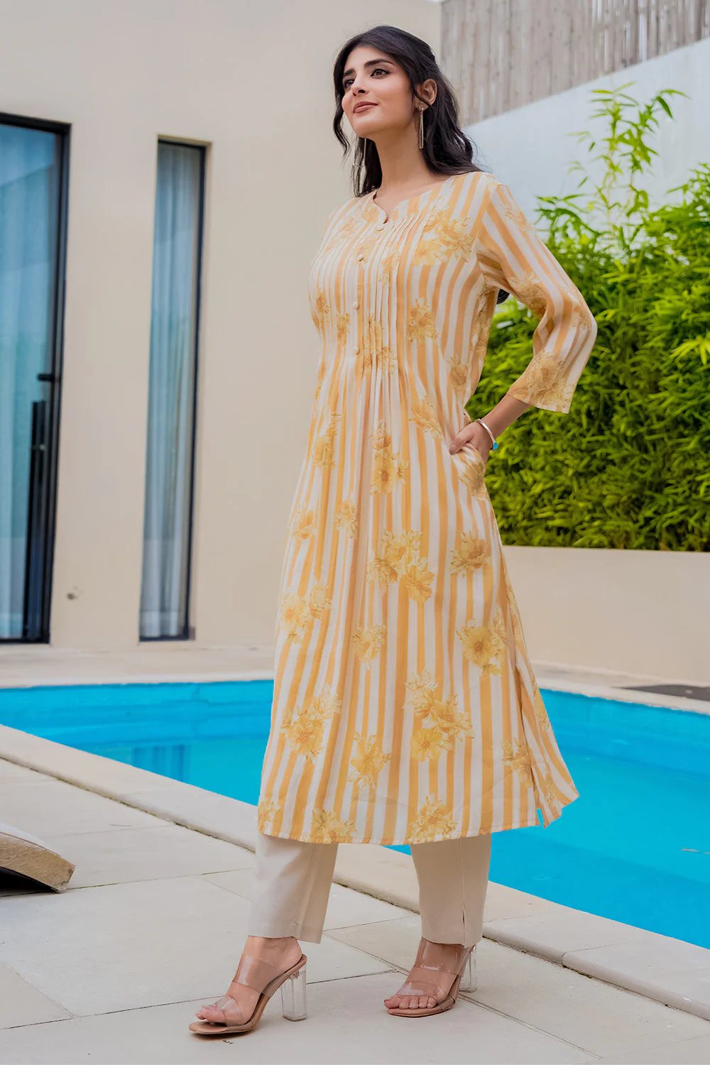 Mustard Muslin Floral Printed Kurta Set - Image 5