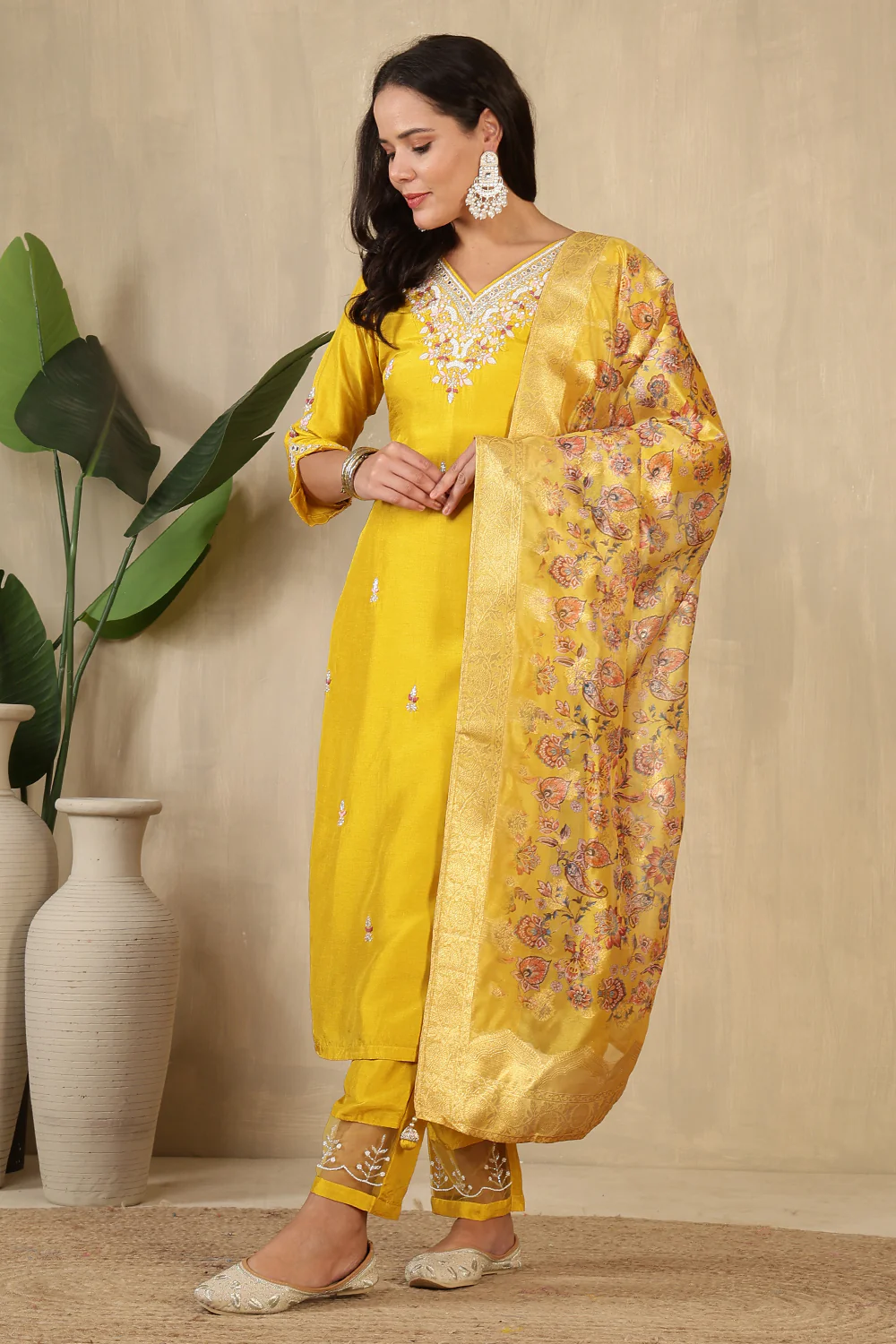 Mustard Neck Embroidered Silk Suit - Image 2