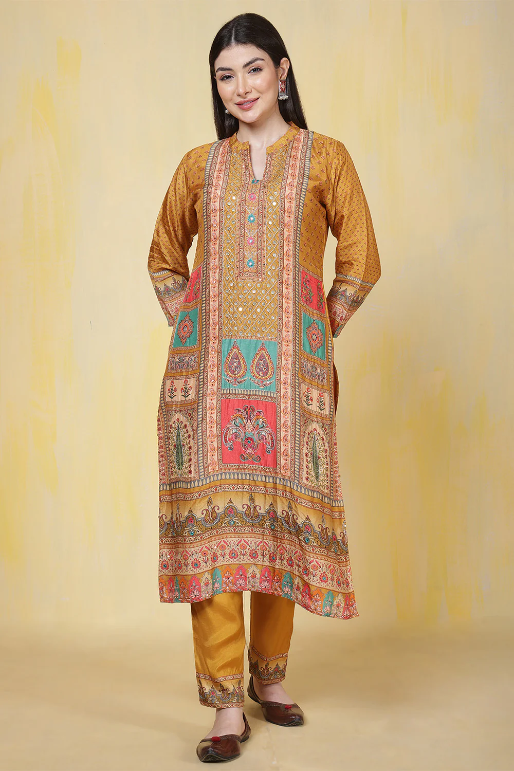 Mustard Printed Muslin Straight Suit - Image 2