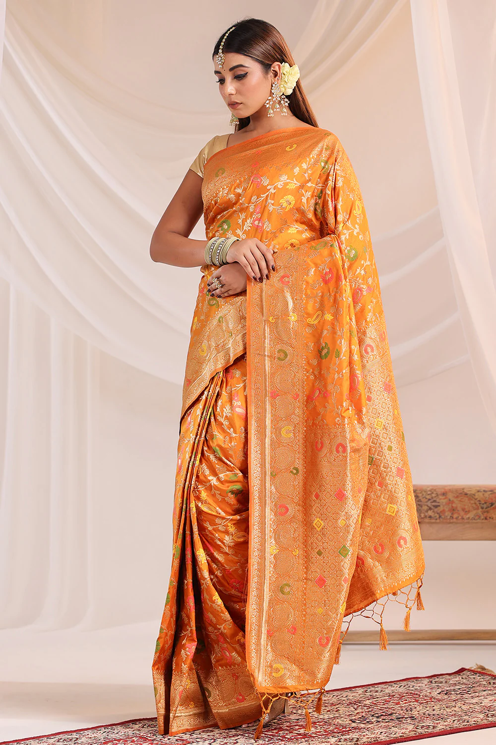 Mustard Resham & Zari Floral Woven Silk Saree - Image 2