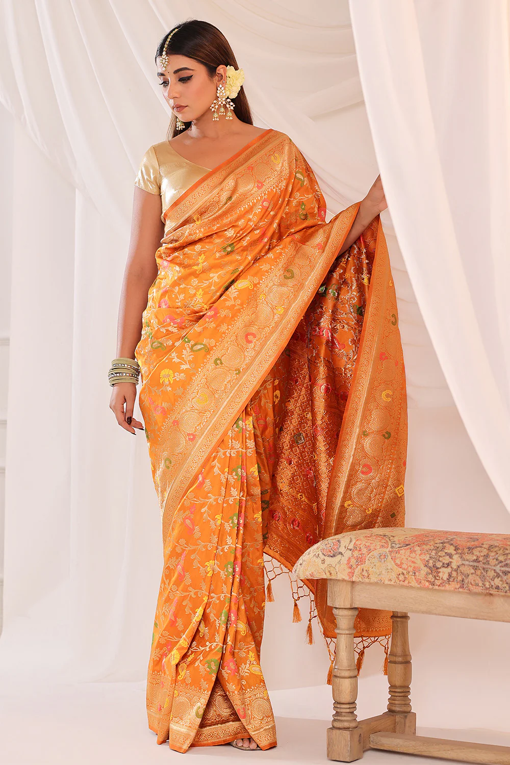Mustard Resham & Zari Floral Woven Silk Saree - Image 5
