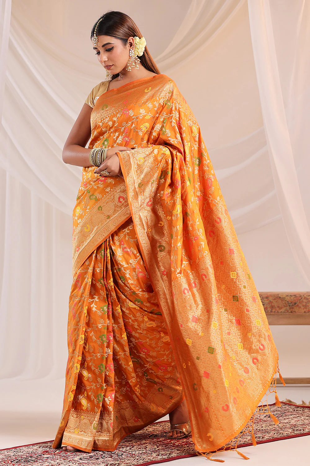 Mustard Resham & Zari Floral Woven Silk Saree - Image 6