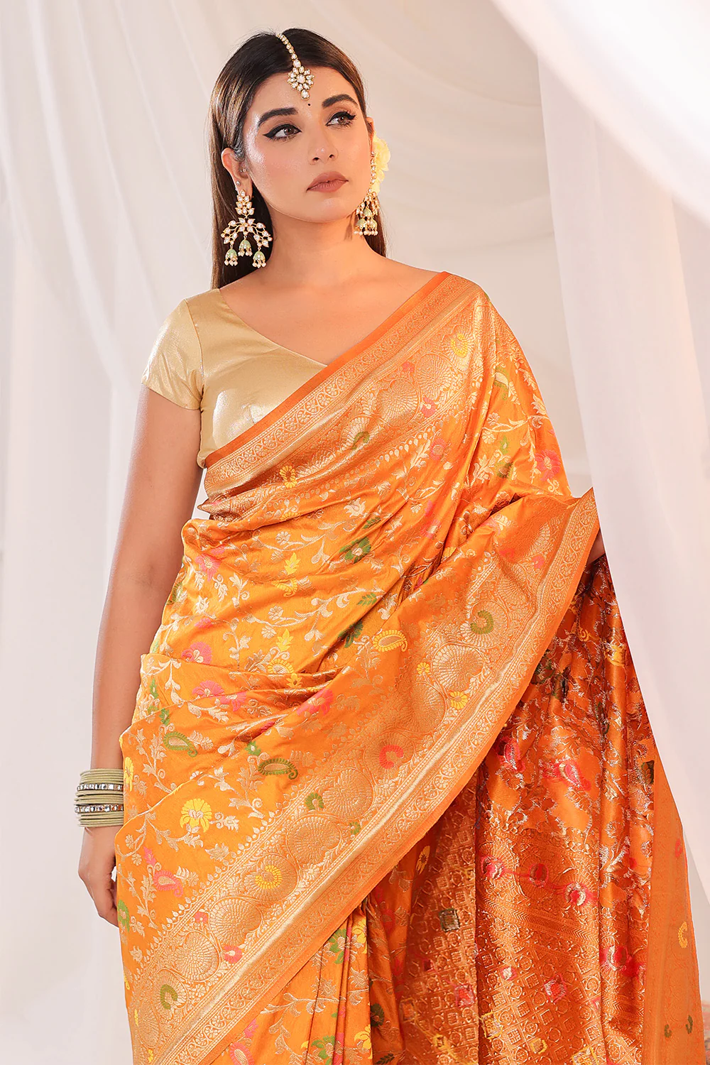 Mustard Resham & Zari Floral Woven Silk Saree - Image 8