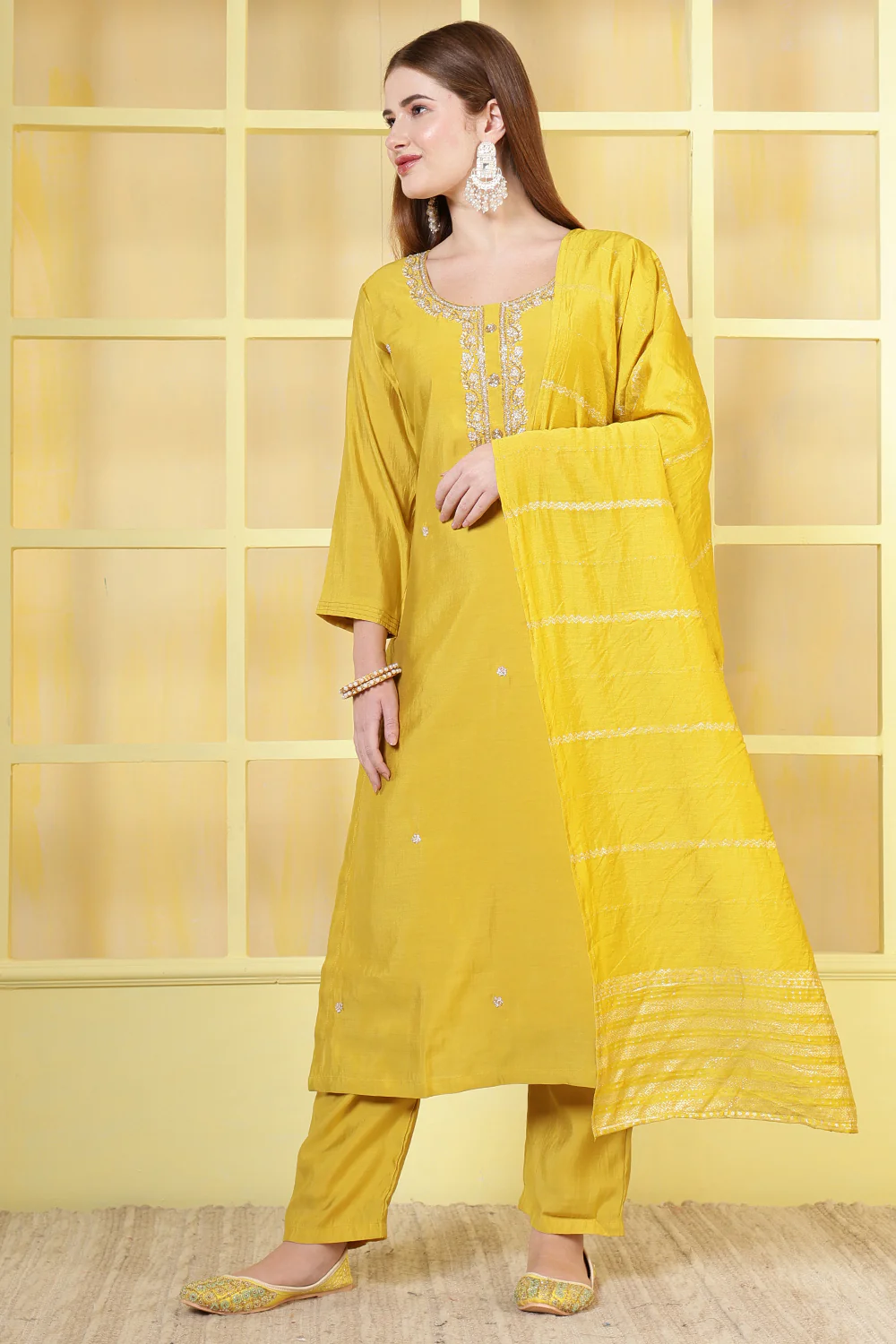 Mustard Silk Cut-Dana And Pearl Embroidered Suits - Image 2