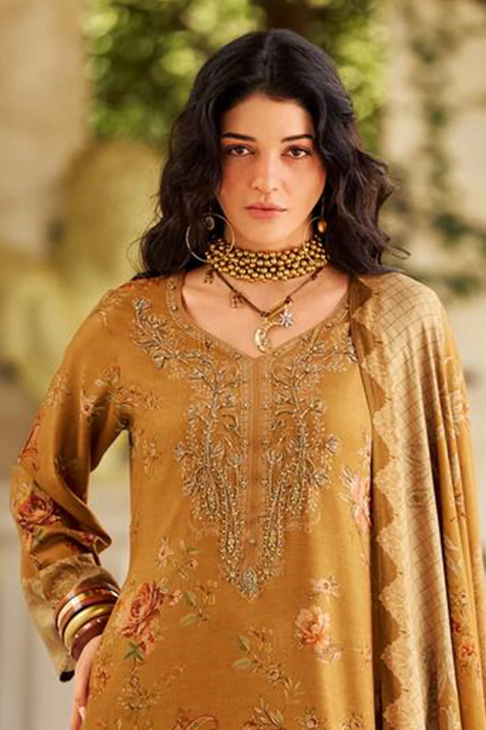 Mustard Spun Floral Printed Unstitched Suit Fabric - Image 2