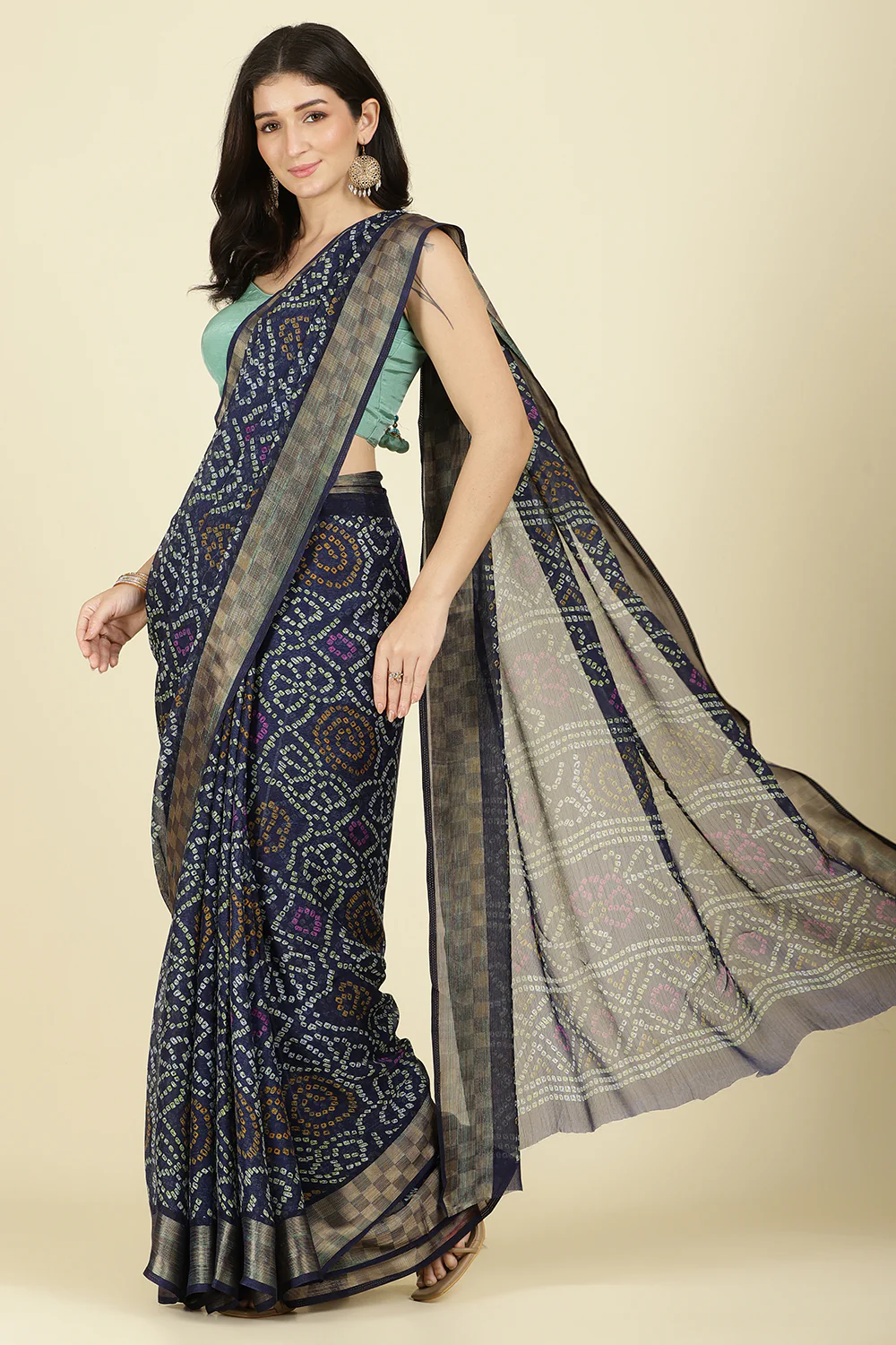 Navy Color Chiffon Bandhani Printed Saree - Image 10