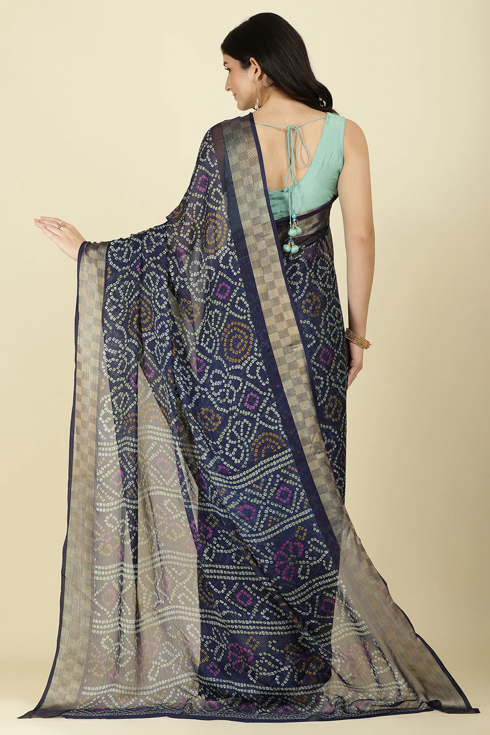 Navy Color Chiffon Bandhani Printed Saree - Image 13