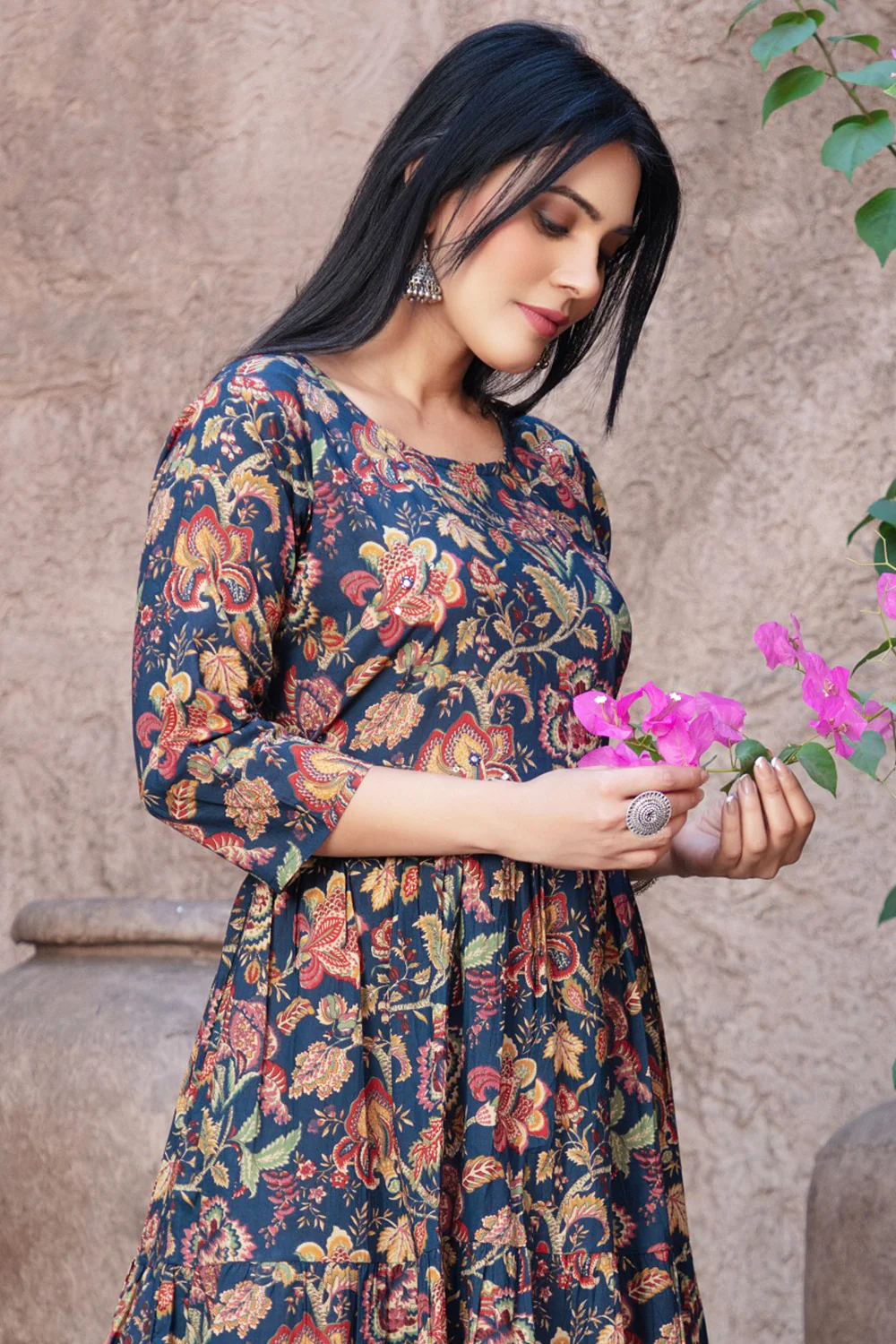 Navy Cotton Floral Printed Anarkali Kurti - Image 3
