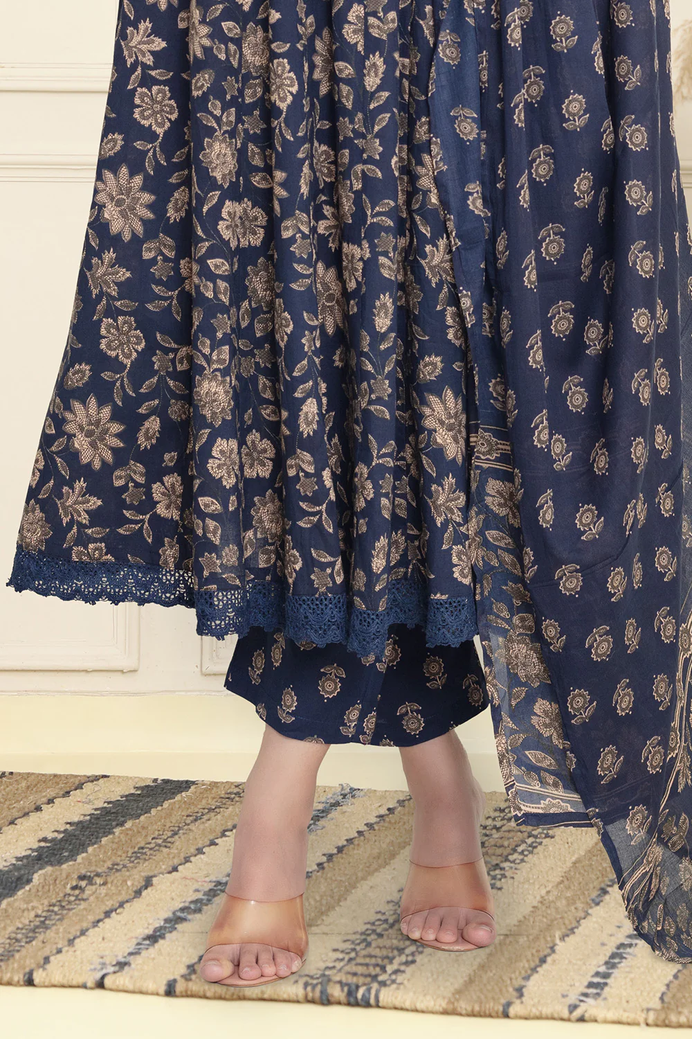 Navy Cotton Floral Printed Anarkali Suit Set - Image 3