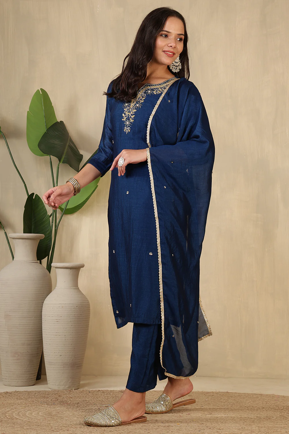 Navy Crepe Silk Neck Embroidered Suit - Image 2