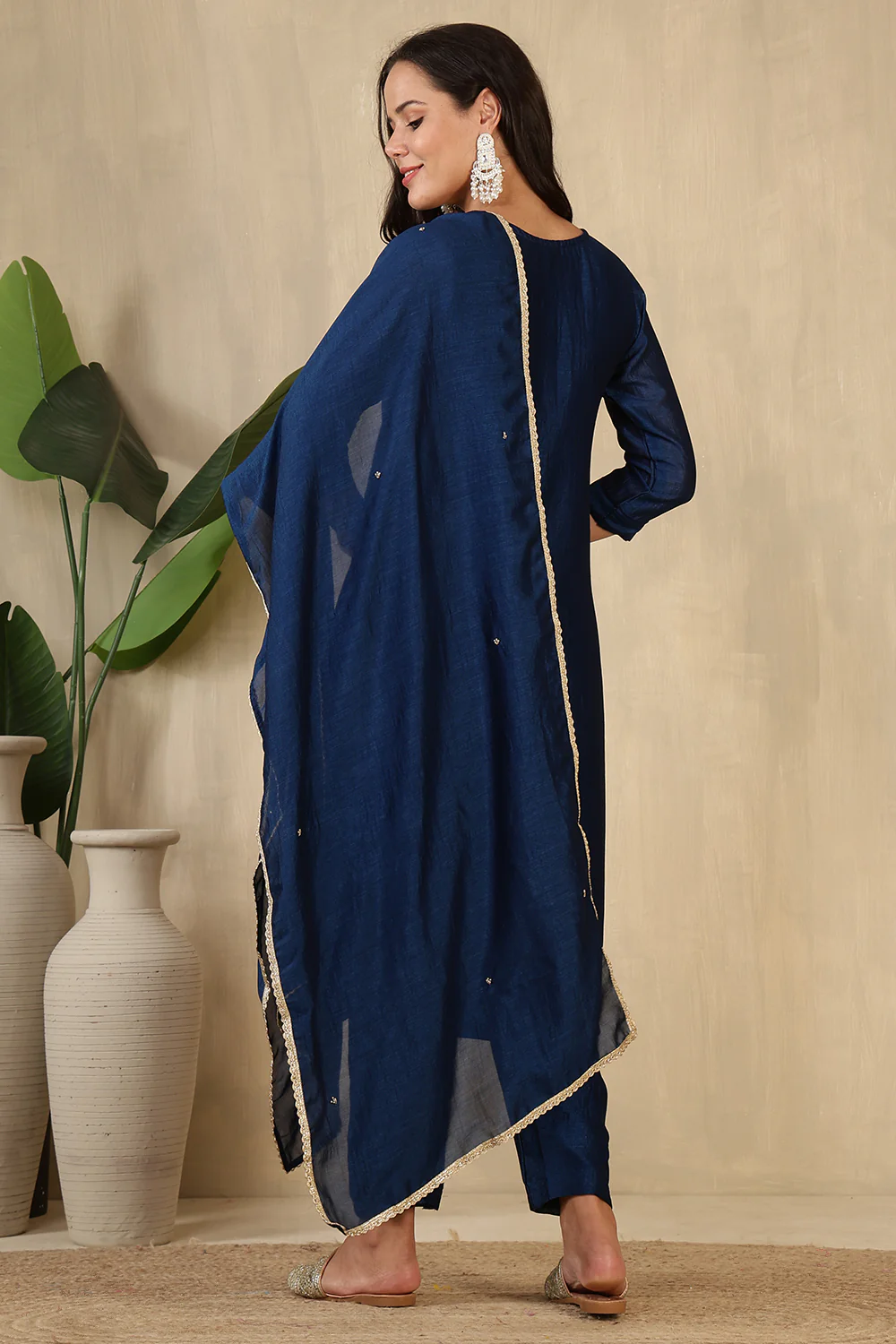 Navy Crepe Silk Neck Embroidered Suit - Image 3