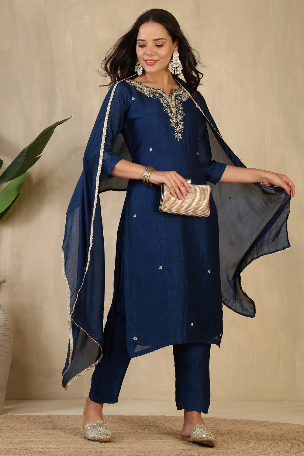 Navy Crepe Silk Neck Embroidered Suit - Image 4