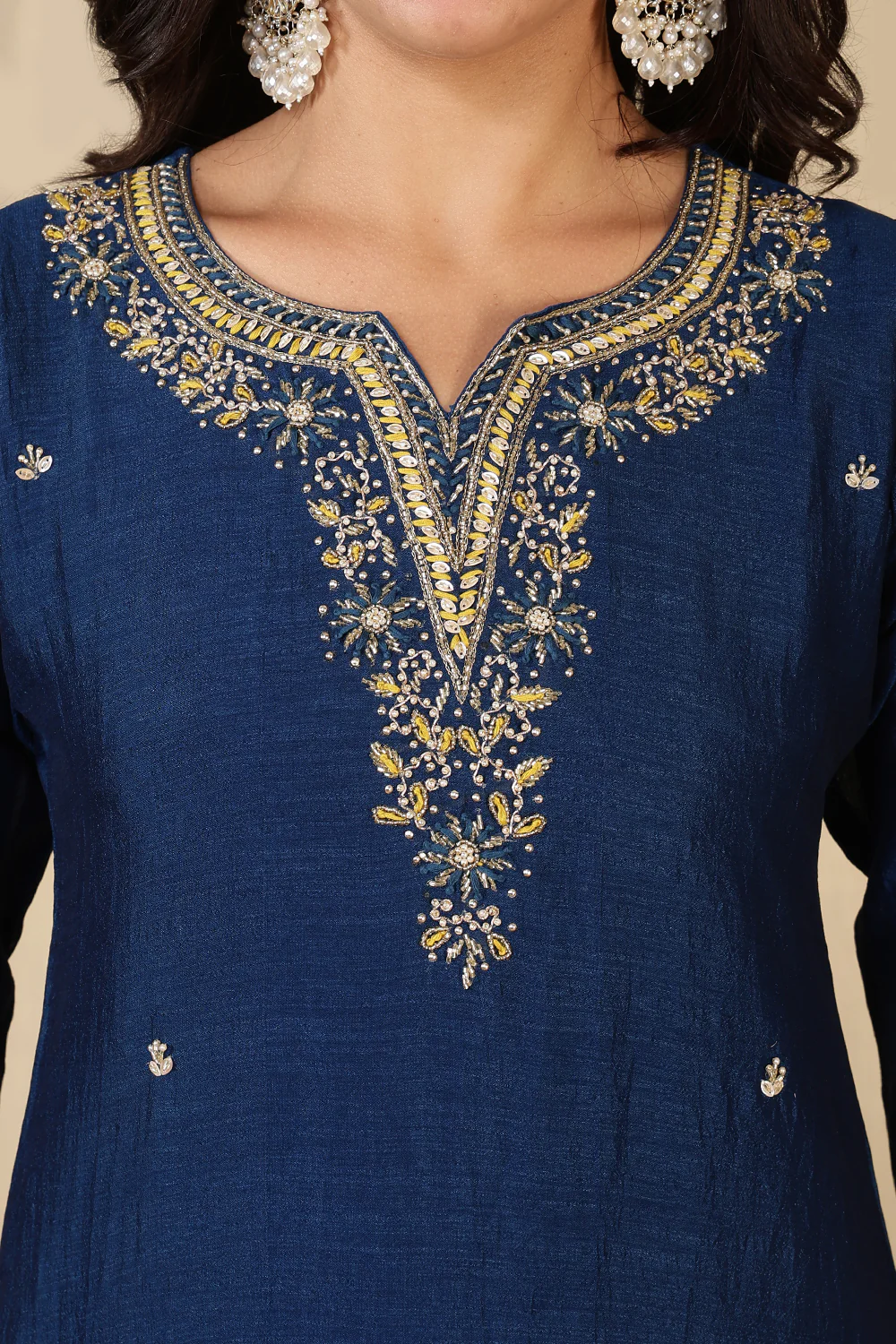 Navy Crepe Silk Neck Embroidered Suit - Image 6