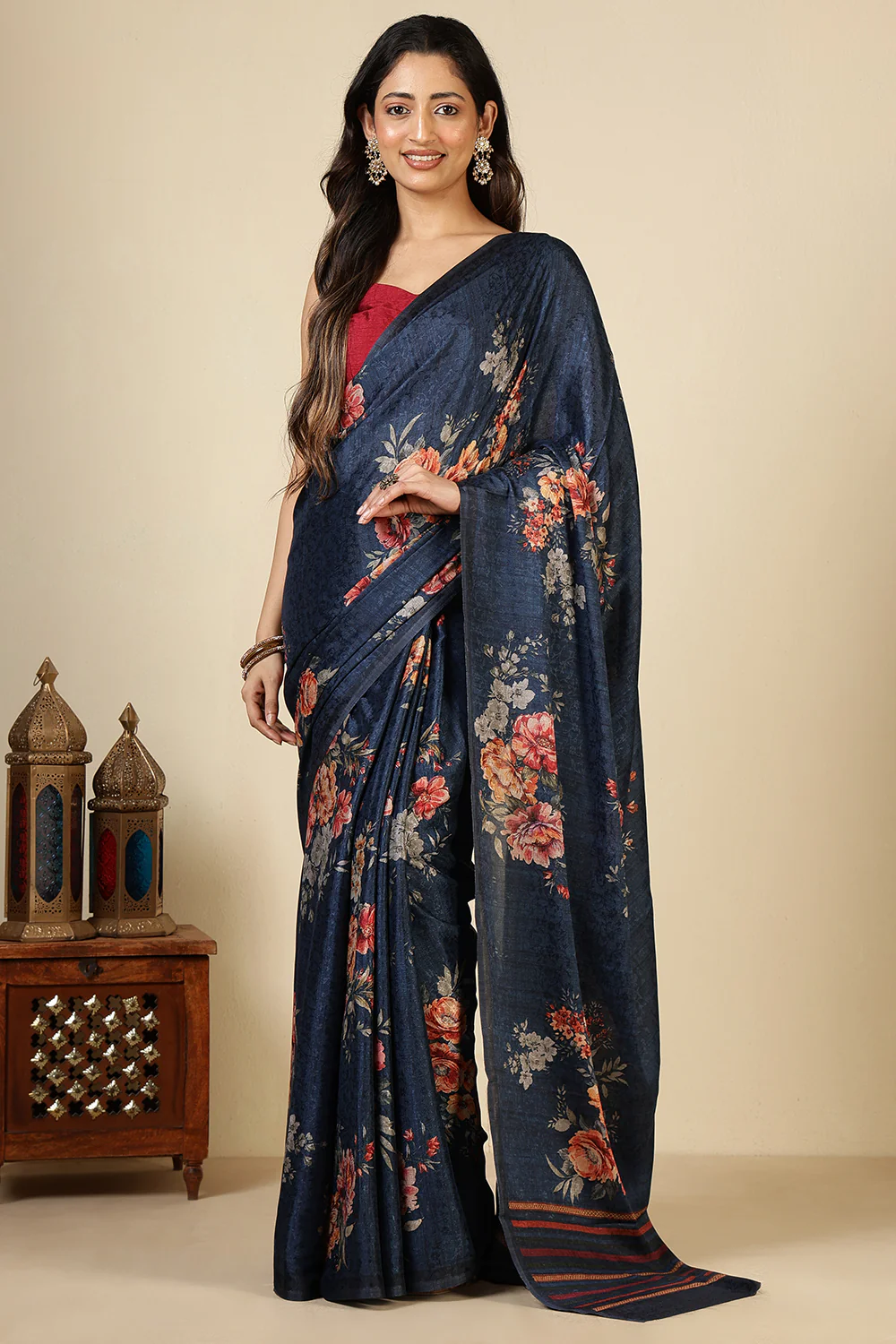 Navy Jacquard Silk Printed Saree - Image 2