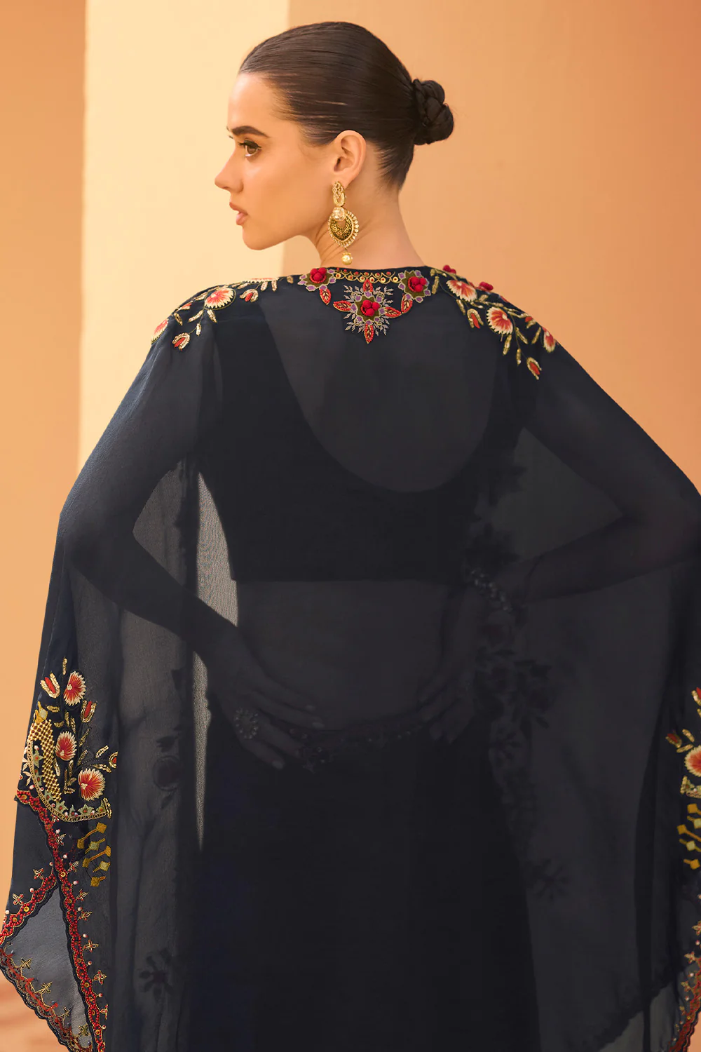Navy Organza Embroidered Crop-Top Dress With Shruge Stlye Dupatta And Palazzo - Image 3