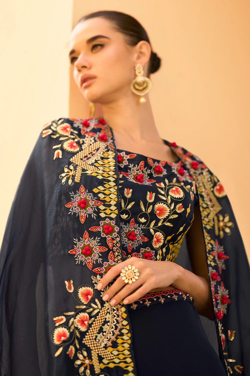Navy Organza Embroidered Crop-Top Dress With Shruge Stlye Dupatta And Palazzo - Image 4