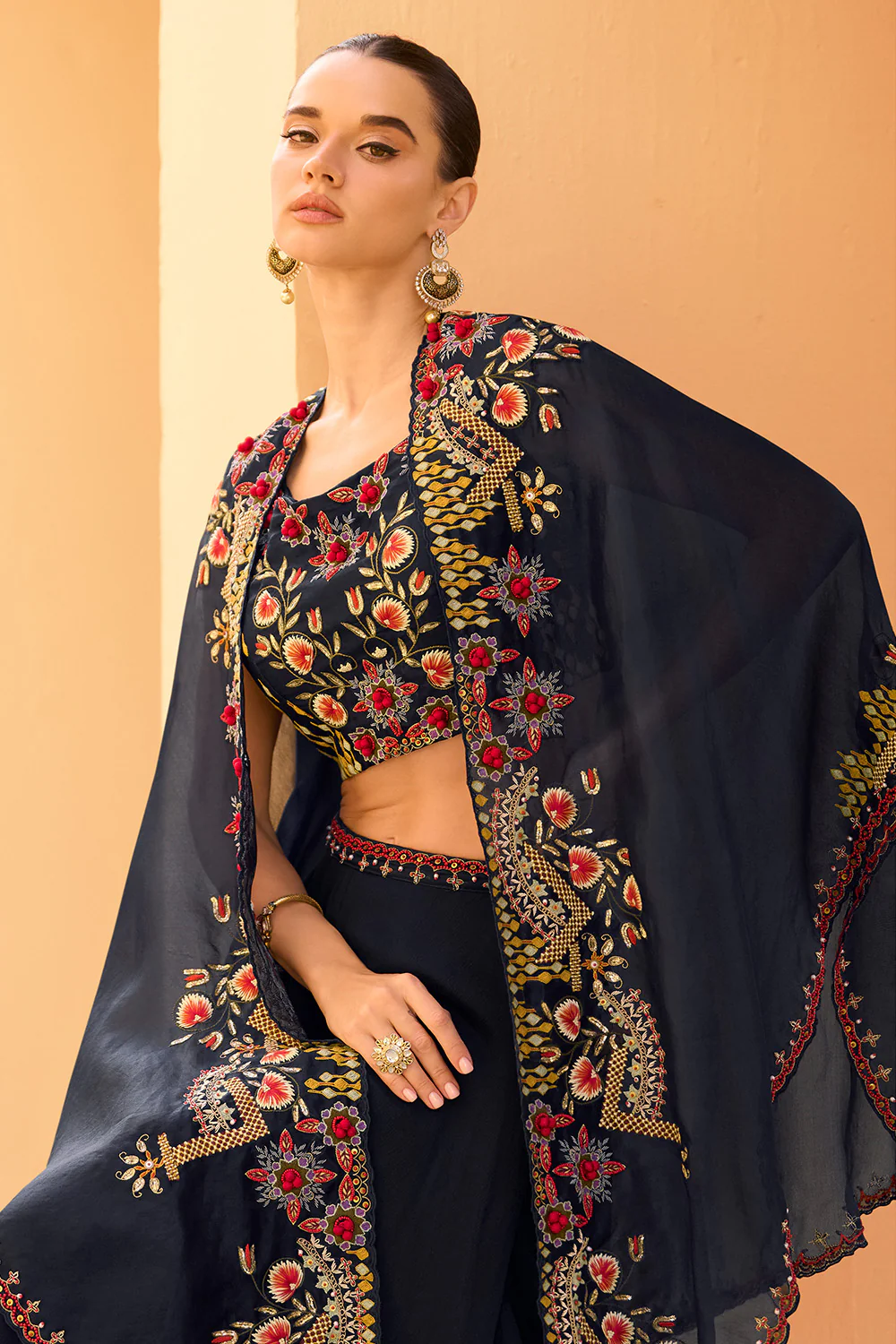 Navy Organza Embroidered Crop-Top Dress With Shruge Stlye Dupatta And Palazzo - Image 5