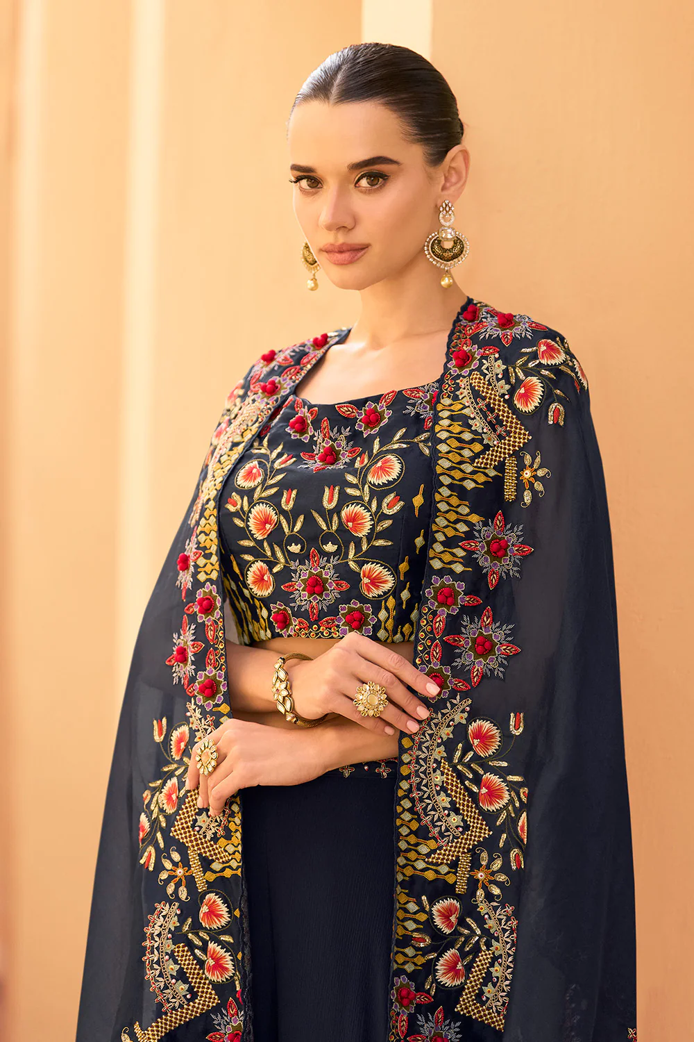 Navy Organza Embroidered Crop-Top Dress With Shruge Stlye Dupatta And Palazzo - Image 6