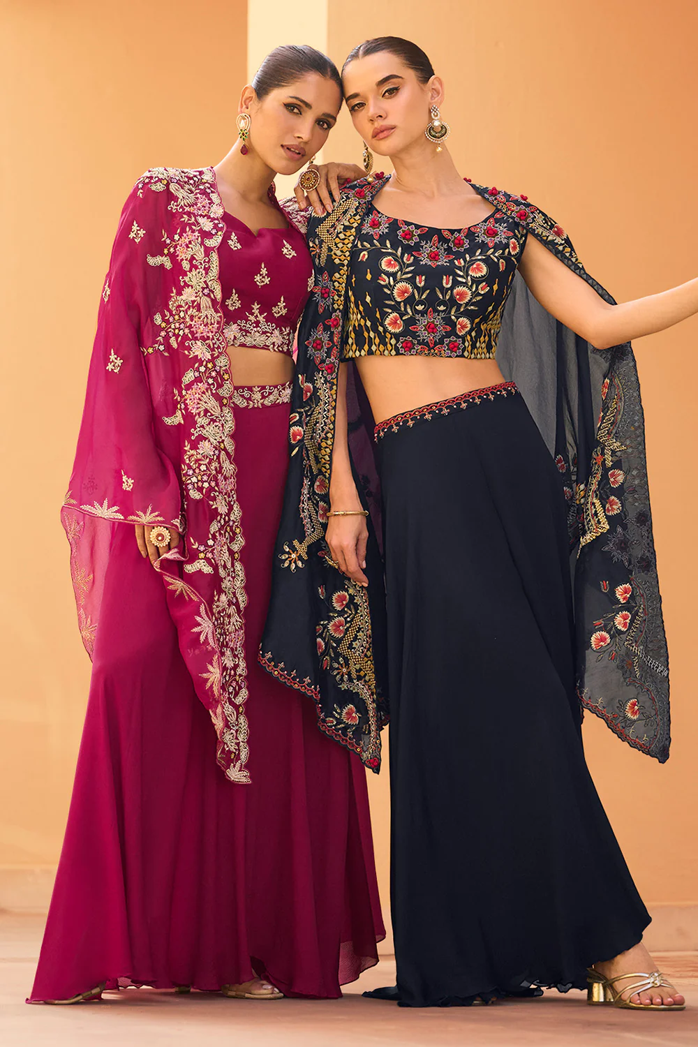 Navy Organza Embroidered Crop-Top Dress With Shruge Stlye Dupatta And Palazzo - Image 7