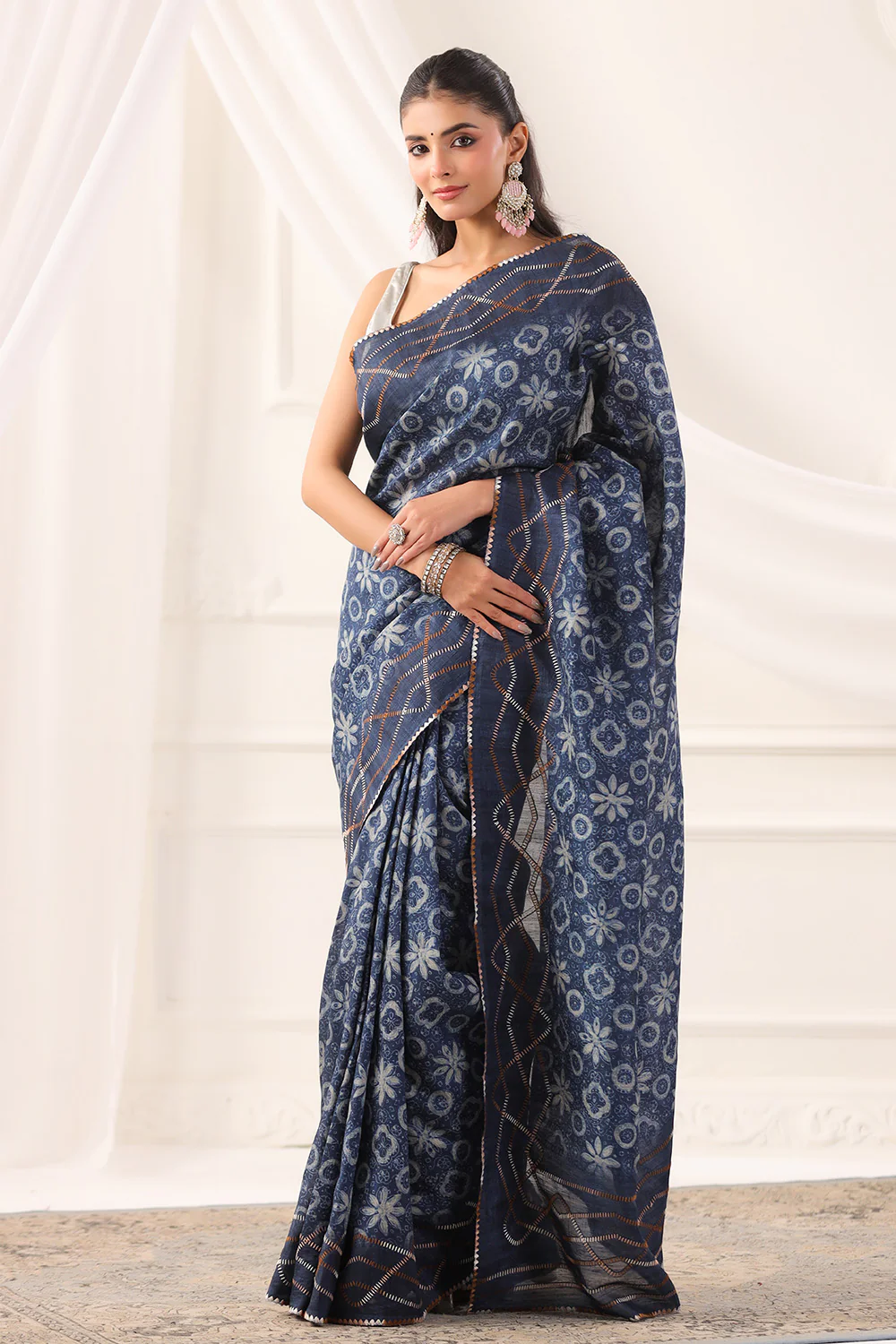 Navy Tussar Silk Printed Saree - Image 2