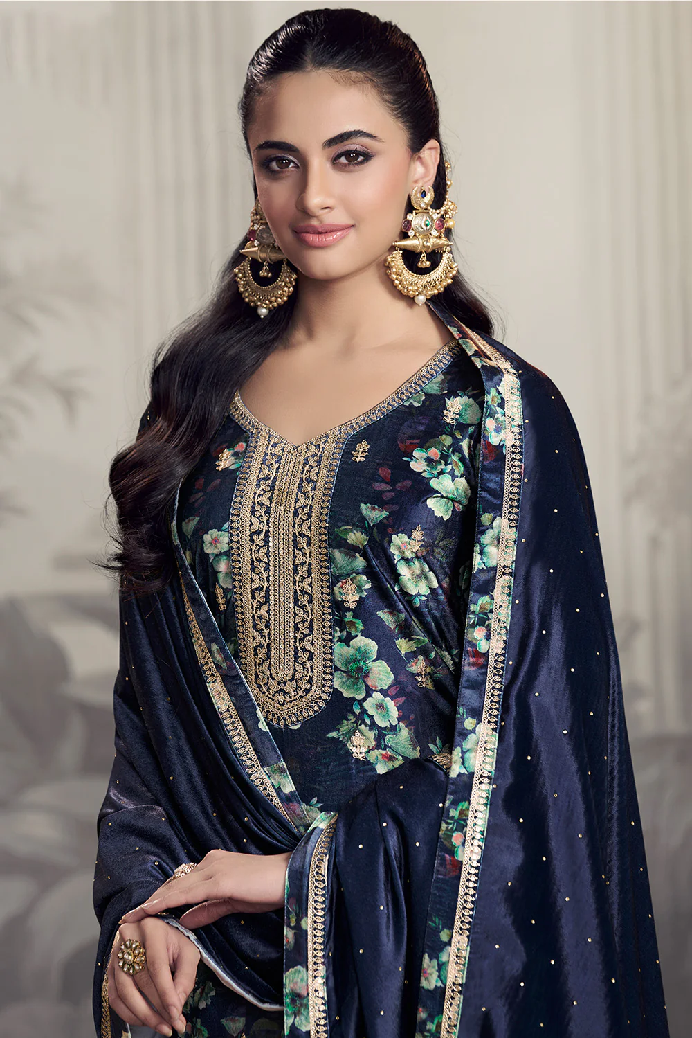 Navy Velvet Floral Printed And Embroidered Unstitched Suit Fabric - Image 2
