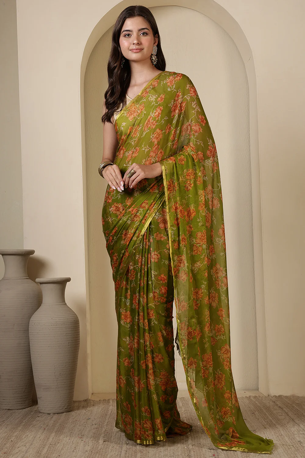 Olive Green  Chiffon Floral Zari Border & Floral Printed Saree - Image 2