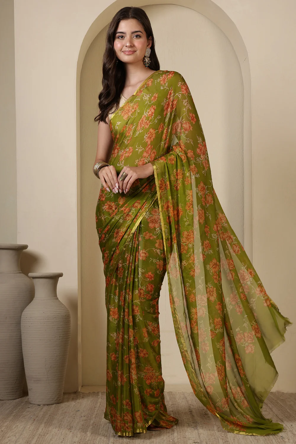 Olive Green  Chiffon Floral Zari Border & Floral Printed Saree - Image 3