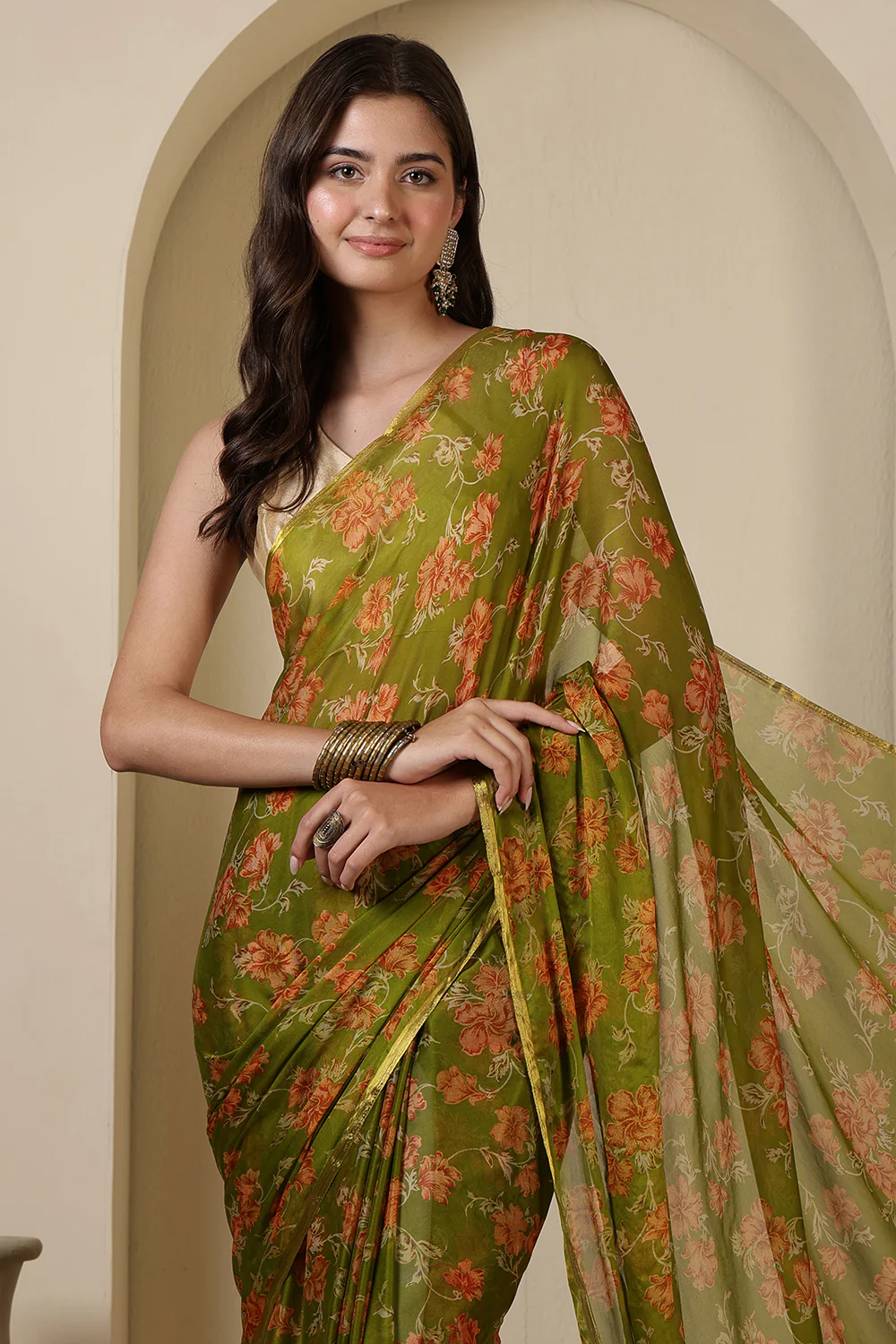 Olive Green  Chiffon Floral Zari Border & Floral Printed Saree - Image 5