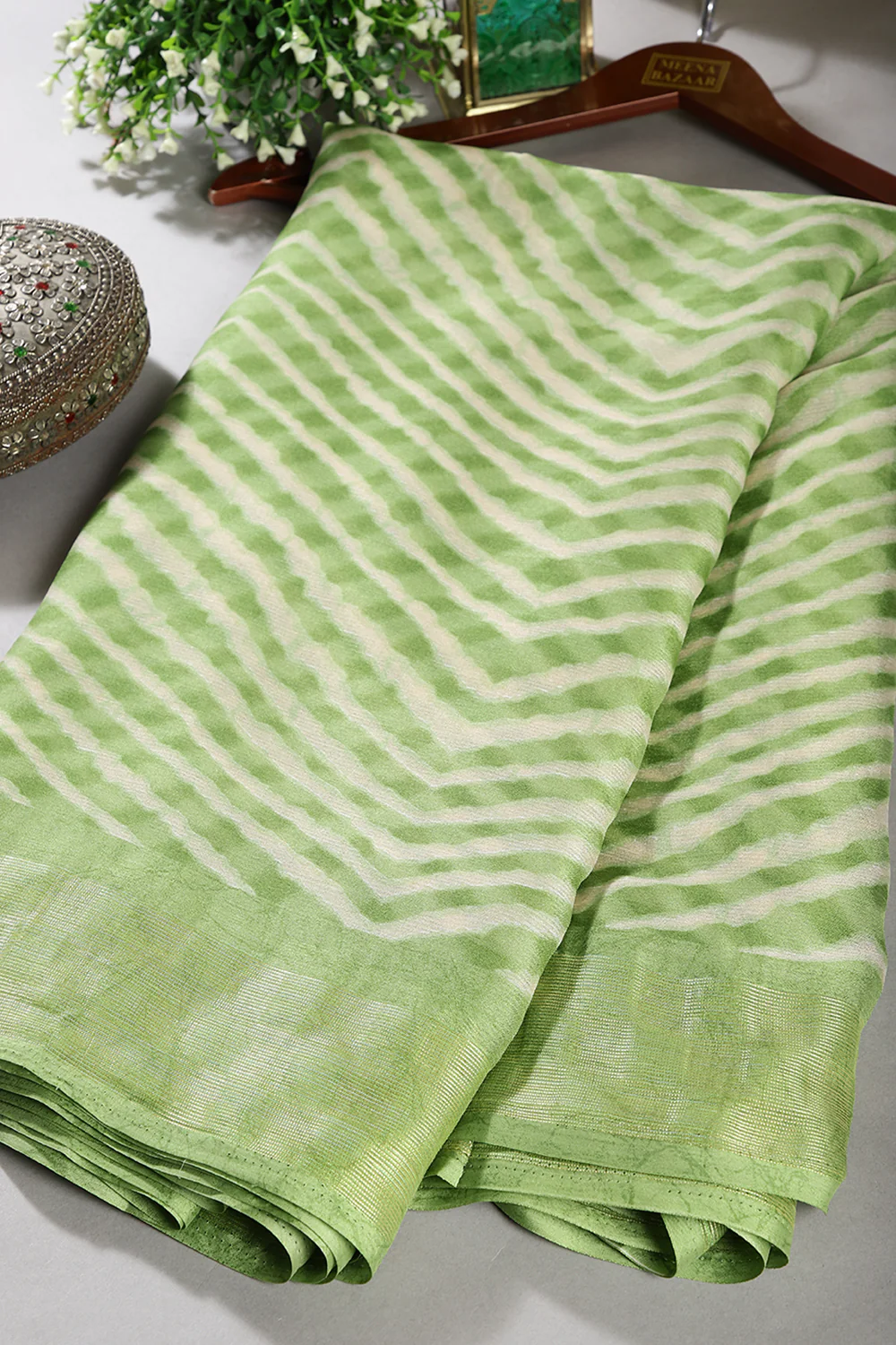 Olive Green Color Chiffon Leheriya Printed Saree - Image 3