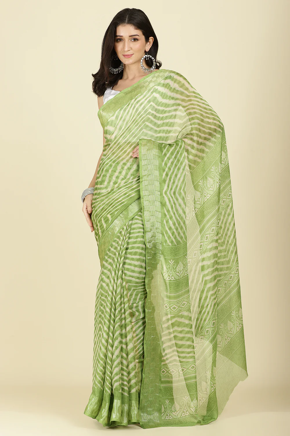 Olive Green Color Chiffon Leheriya Printed Saree - Image 4