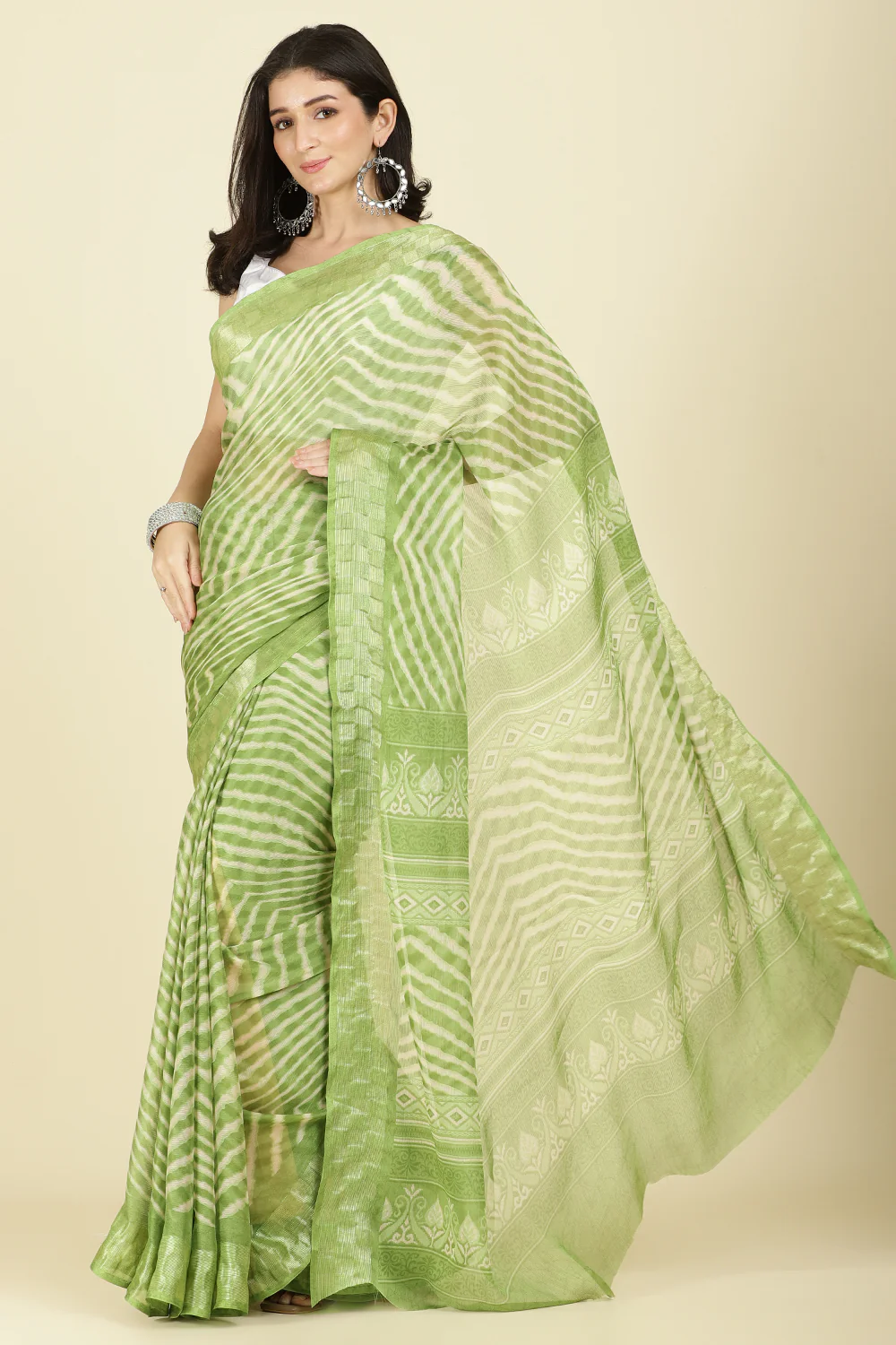 Olive Green Color Chiffon Leheriya Printed Saree - Image 6