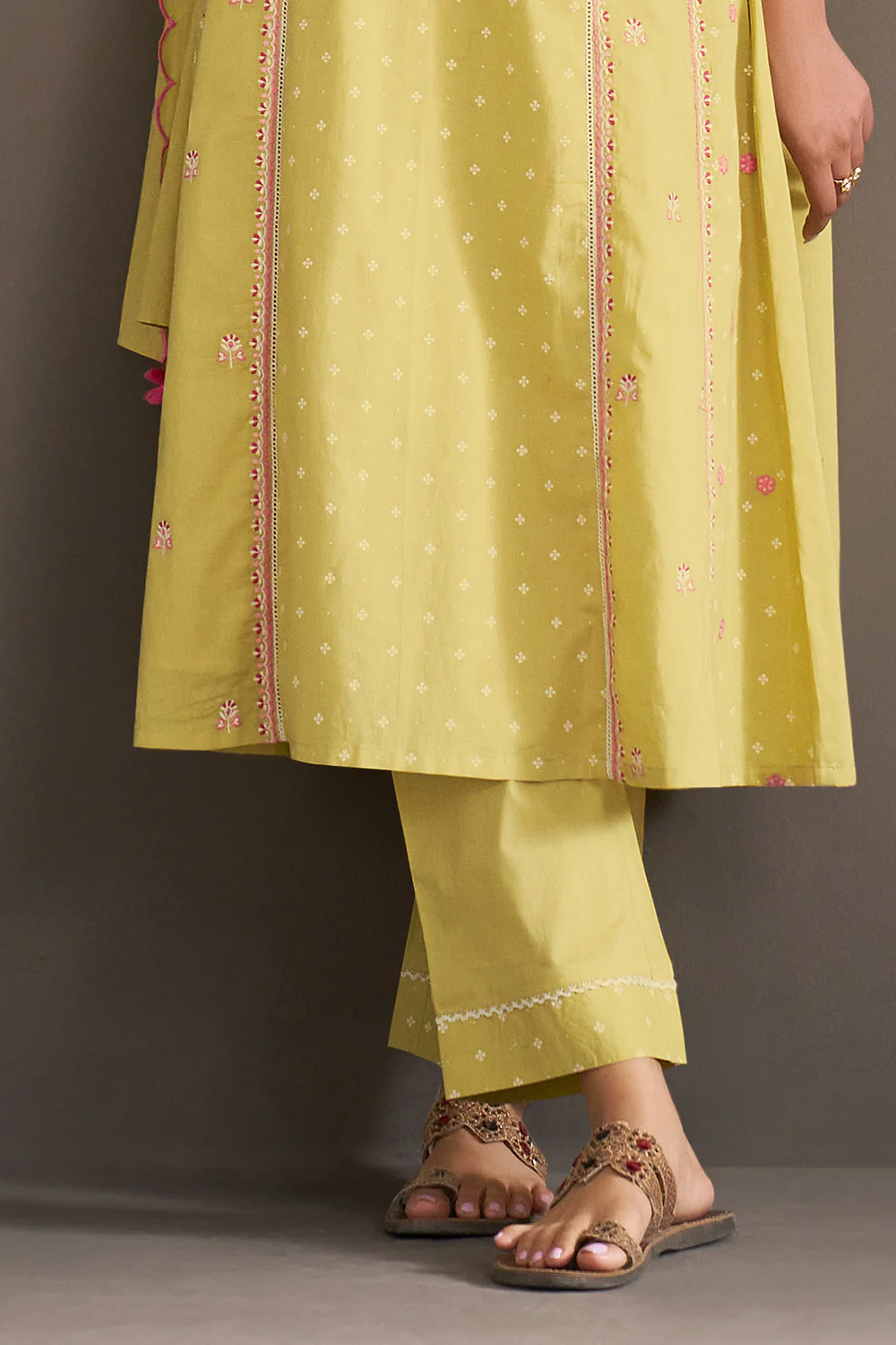 Olive Green Cotton Printed And Embroidered Suit - Image 3