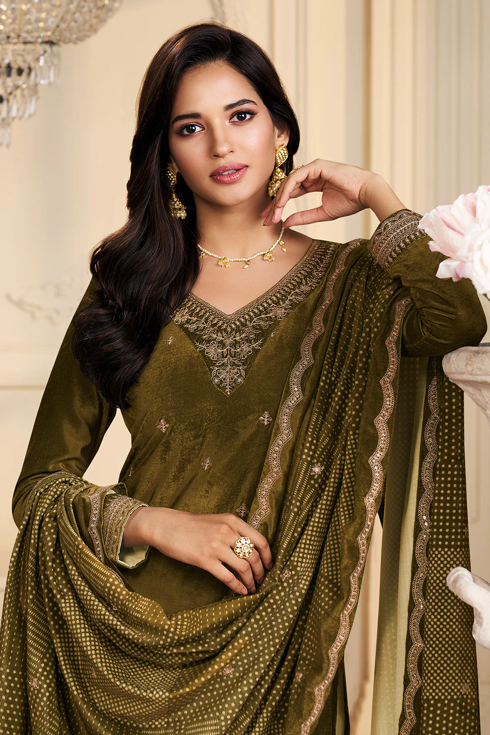 Olive Green Velvet Zari and Sequins Embroidered Unstitched Suit Fabric - Image 2