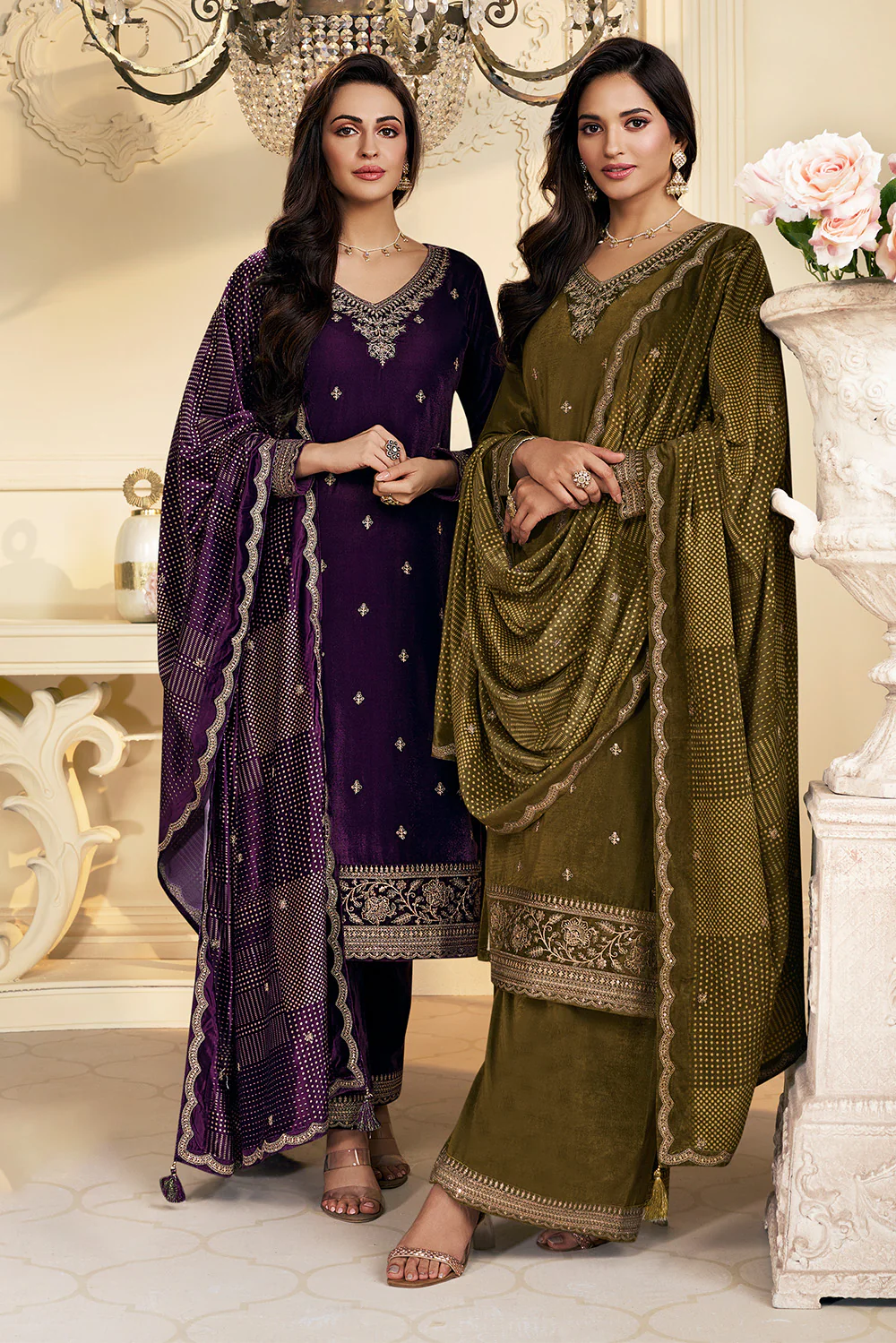 Olive Green Velvet Zari and Sequins Embroidered Unstitched Suit Fabric - Image 3