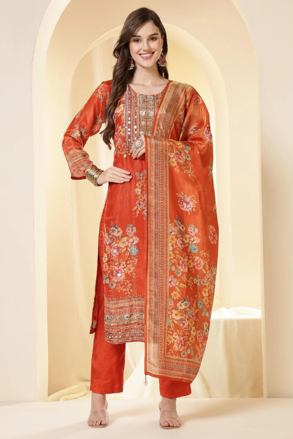 Orange Color Shimmer Tissue Printed & Embroidered Suit Set - Image 3