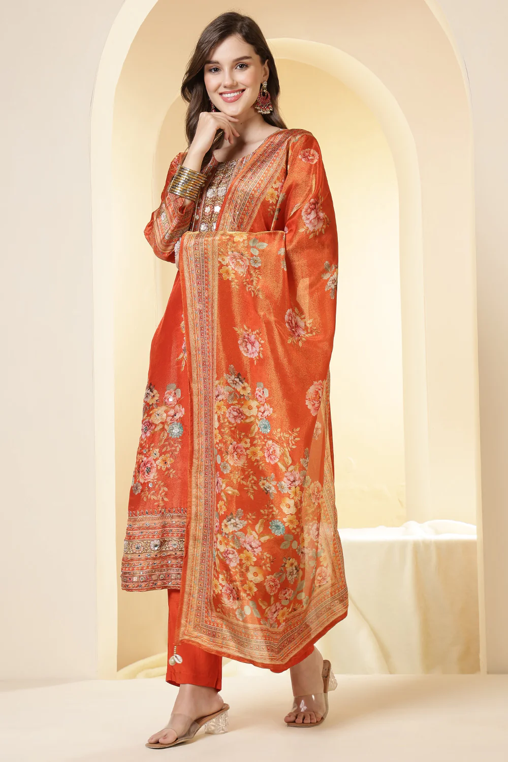 Orange Color Shimmer Tissue Printed & Embroidered Suit Set - Image 4