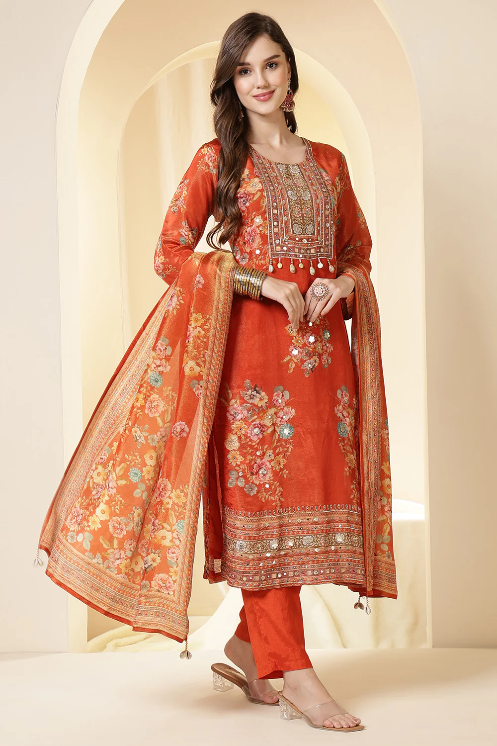 Orange Color Shimmer Tissue Printed & Embroidered Suit Set - Image 5