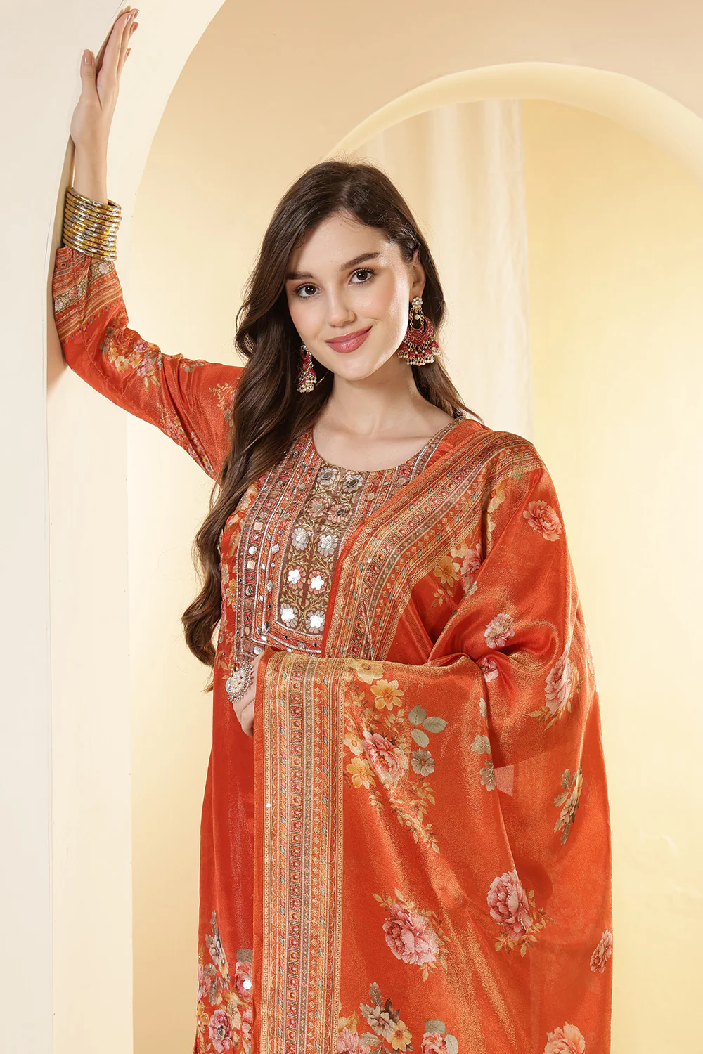 Orange Color Shimmer Tissue Printed & Embroidered Suit Set - Image 6