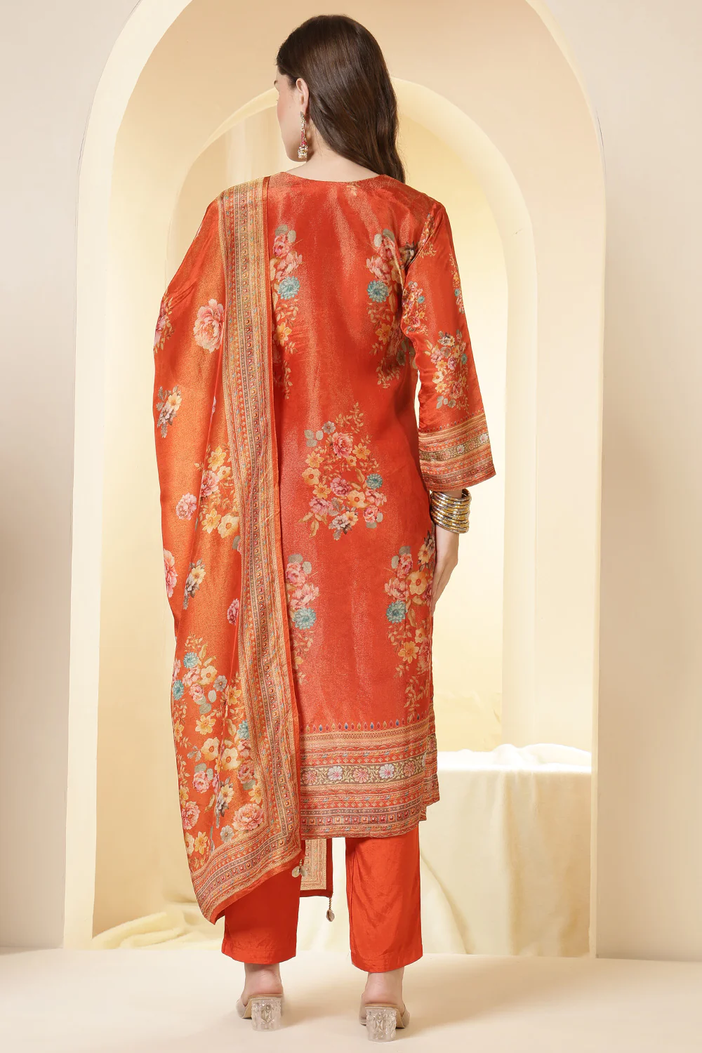 Orange Color Shimmer Tissue Printed & Embroidered Suit Set - Image 7