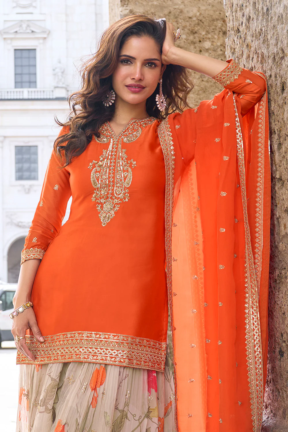 Orange Crepe Silk Zari and Sequins Embroidered Suit With Embroidered Palazzo - Image 2