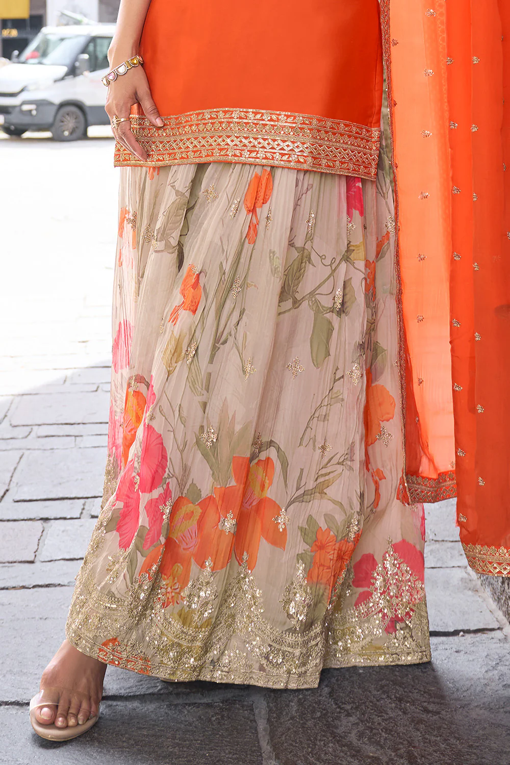 Orange Crepe Silk Zari and Sequins Embroidered Suit With Embroidered Palazzo - Image 3