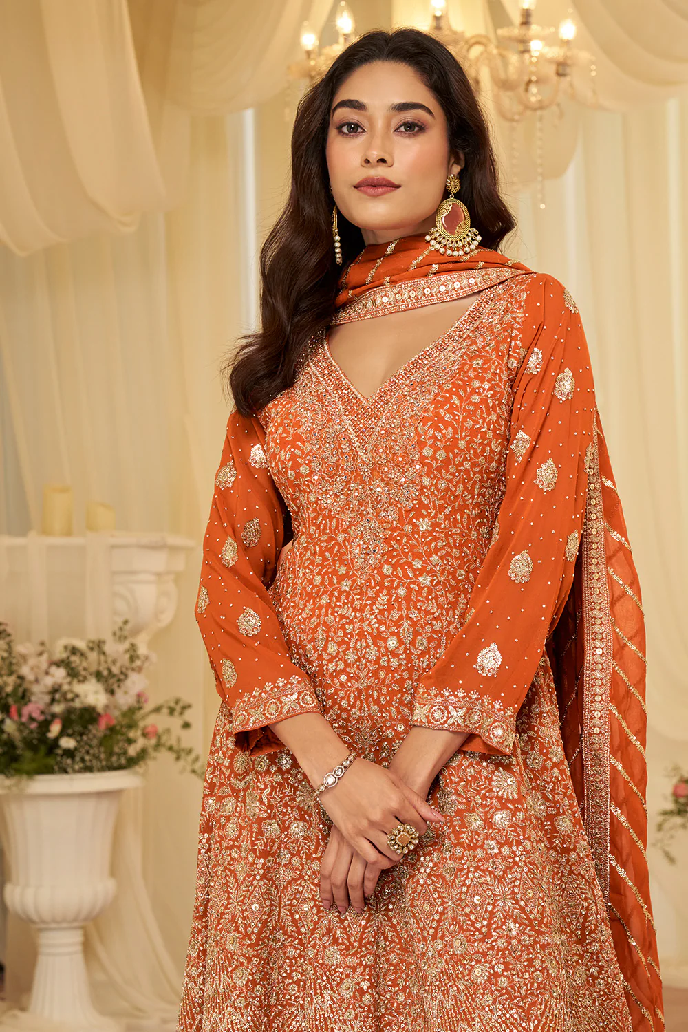 Orange Georgette Embroidered Anarkali Suit Set - Image 3