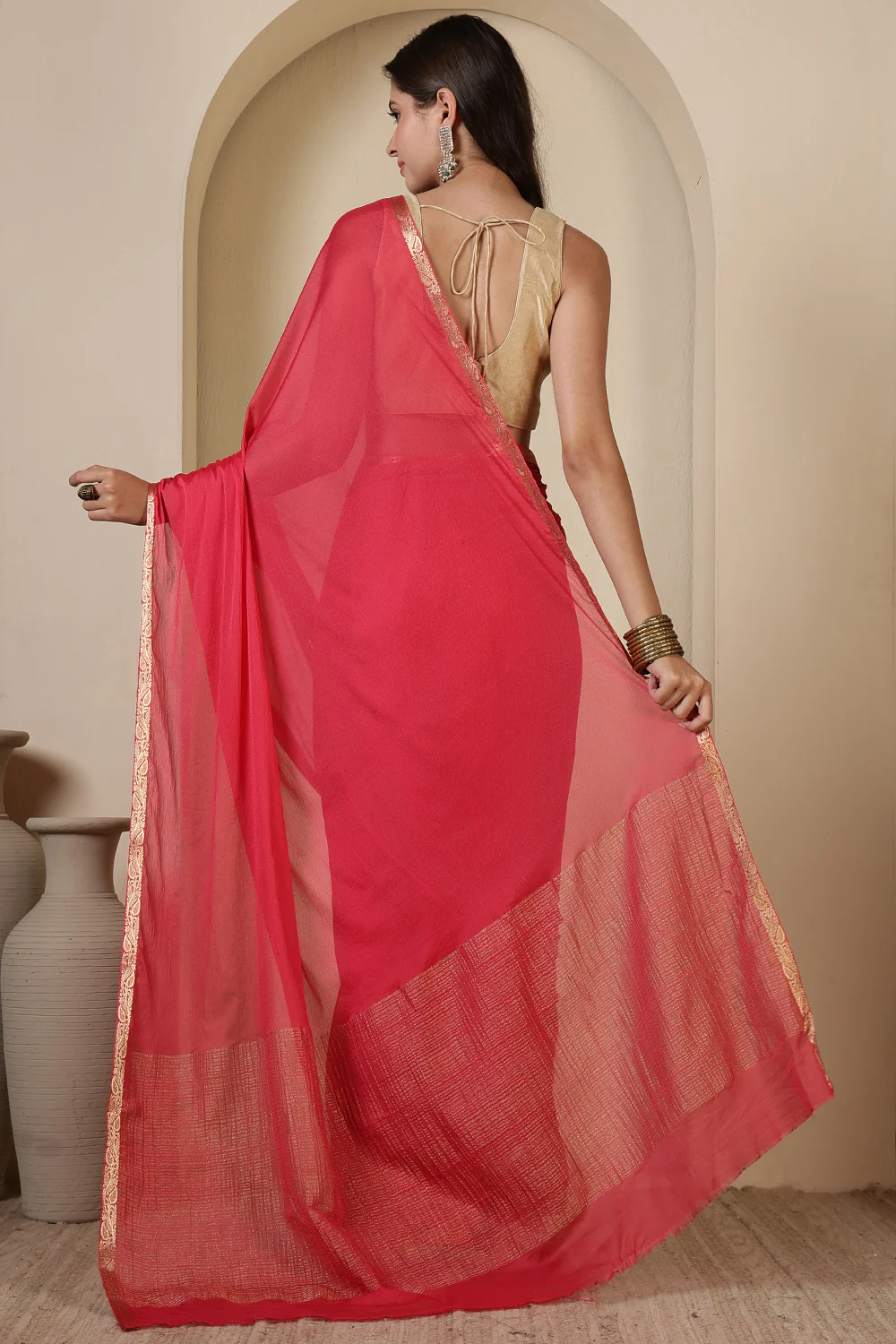Pink Chiffon Zari Border Saree - Image 3